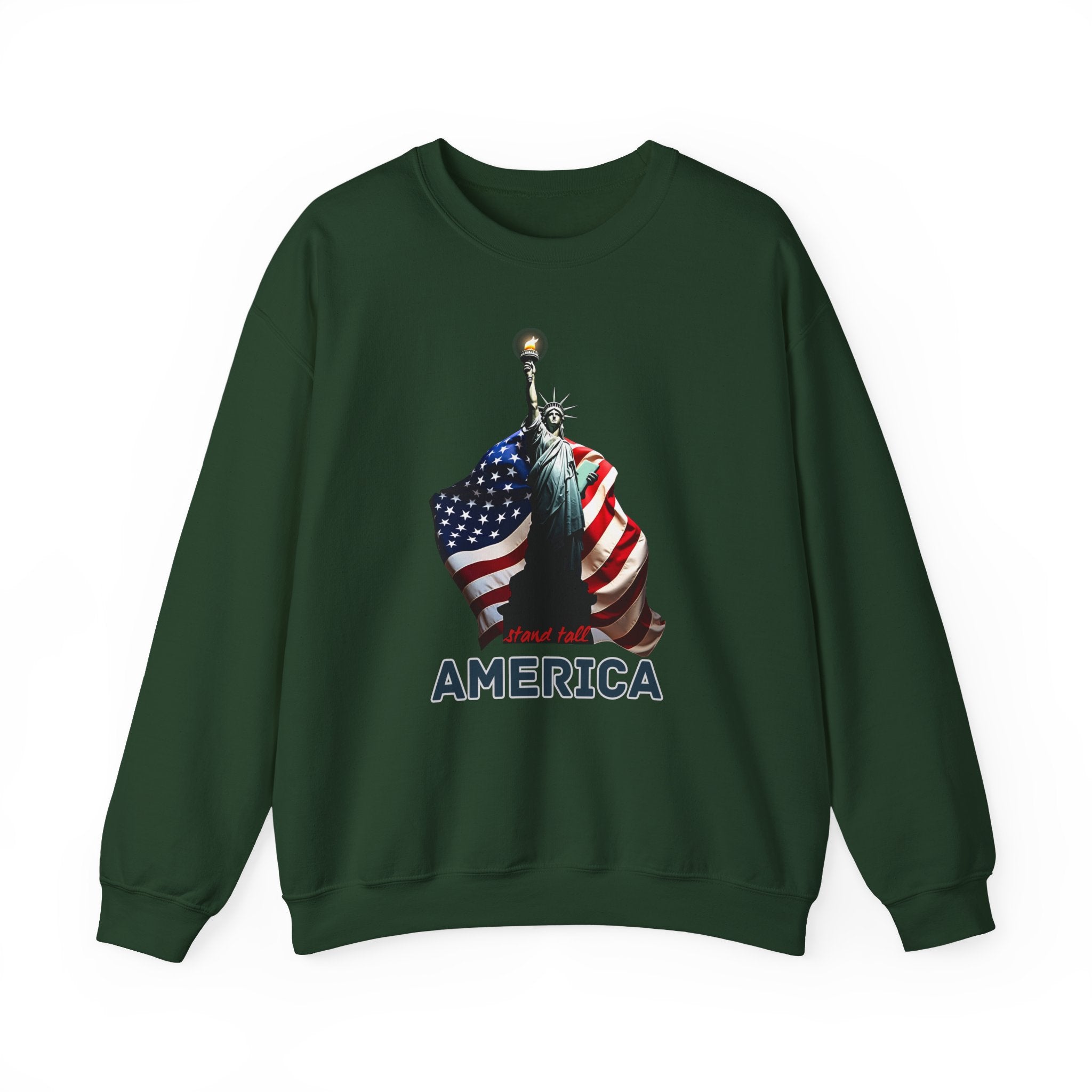 Green sweatshirt with American flag and Statue of Liberty graphic on a white background