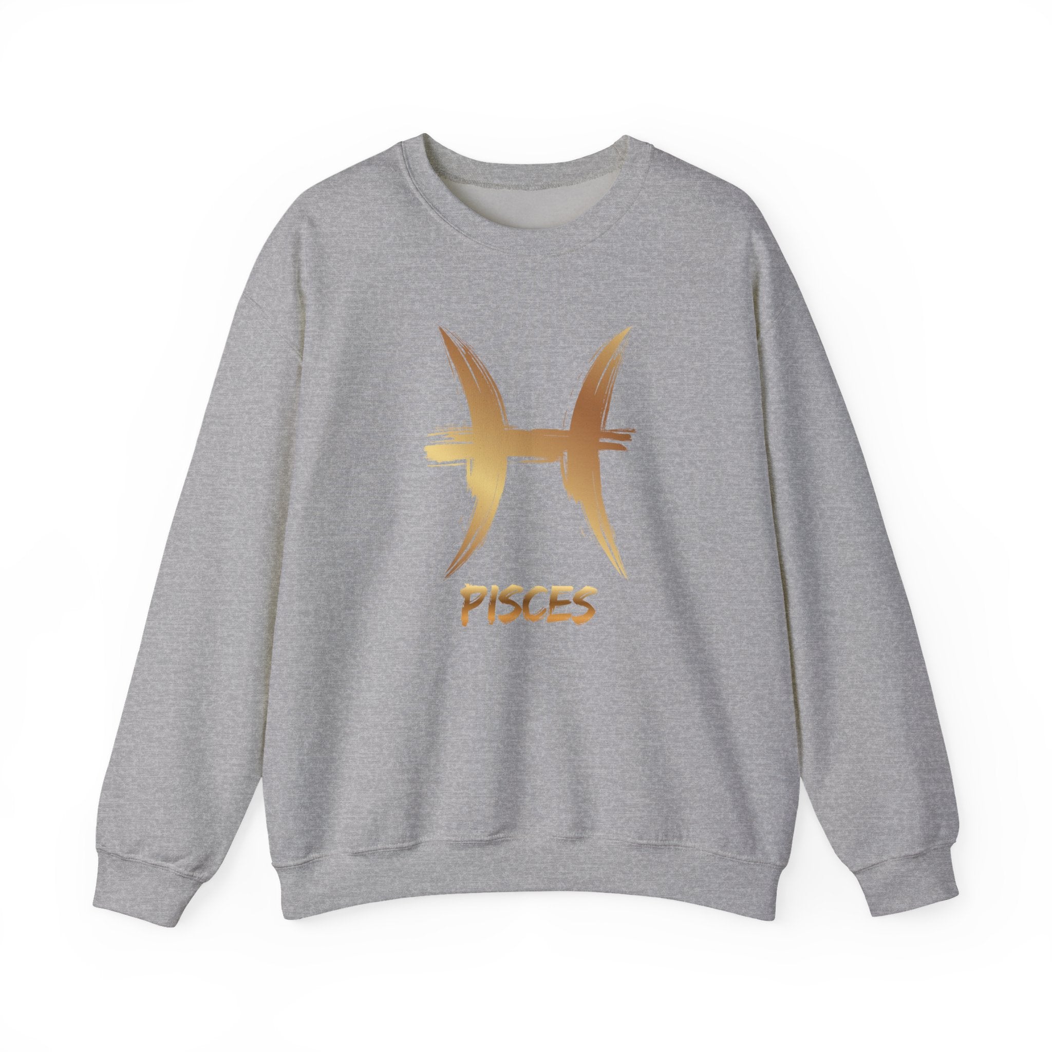 Gray sweatshirt with gold Pisces symbol on a white background