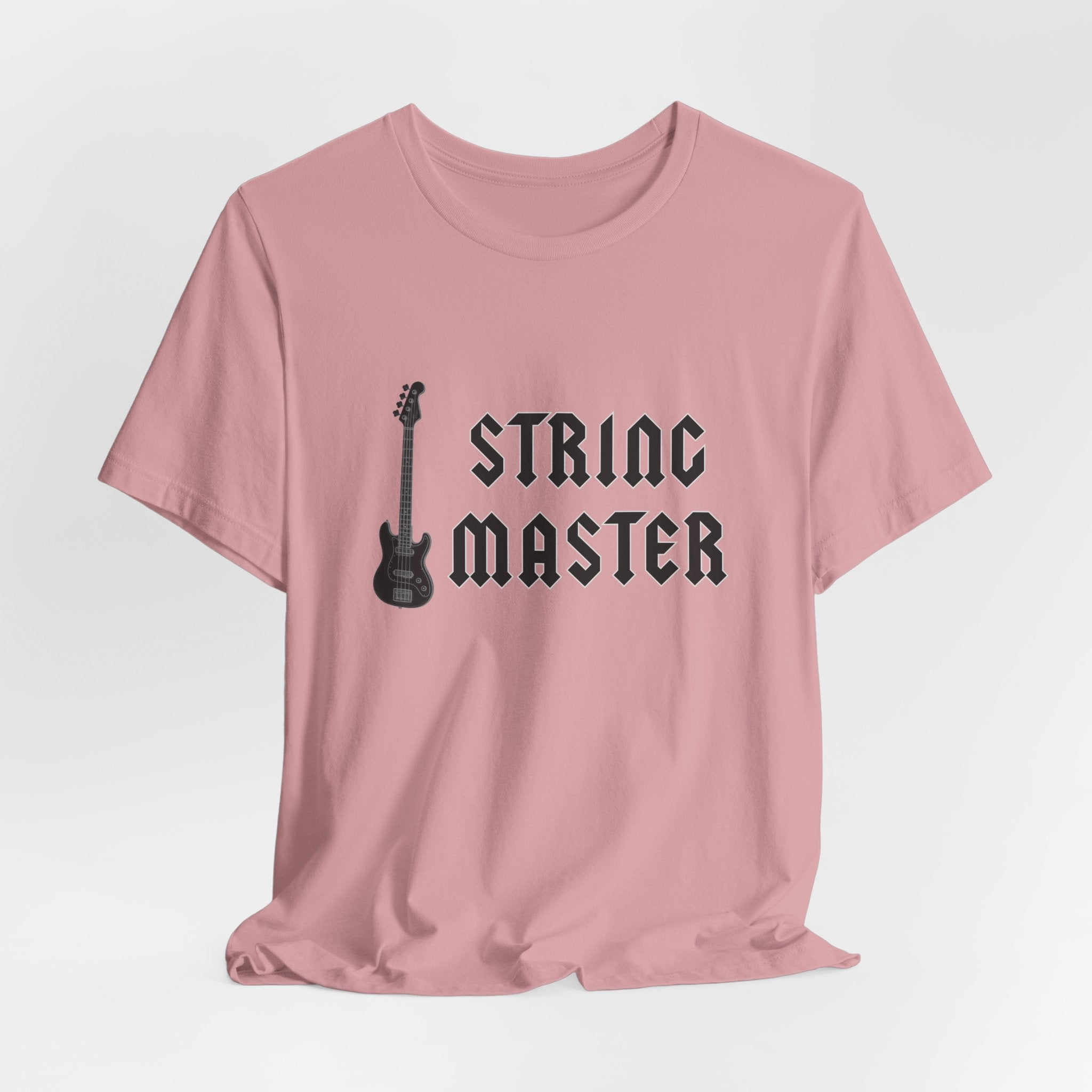 Pink t-shirt with 'String Master' graphic and text on a white background