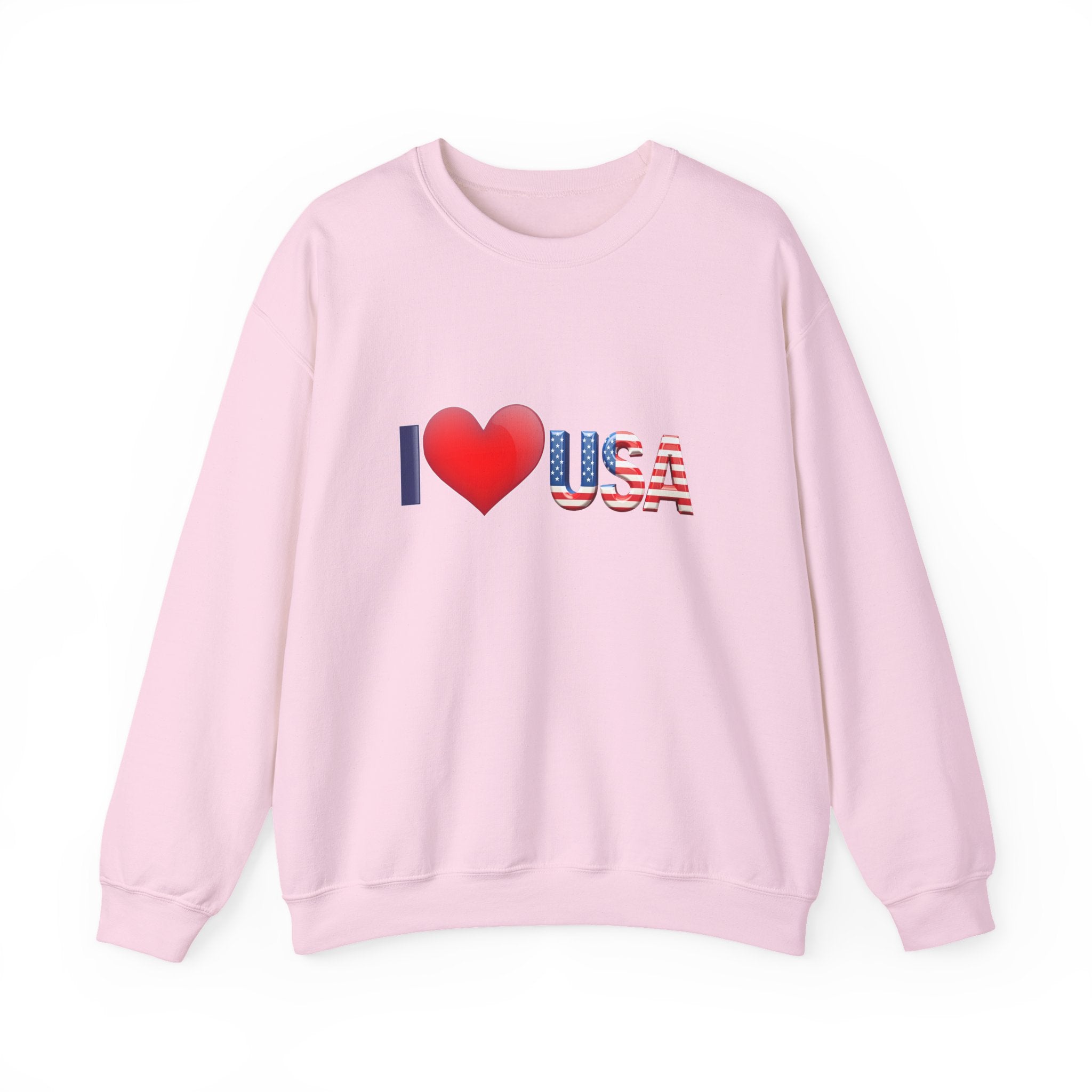 Pink sweatshirt with 'I ❤️ USA' text on a white background