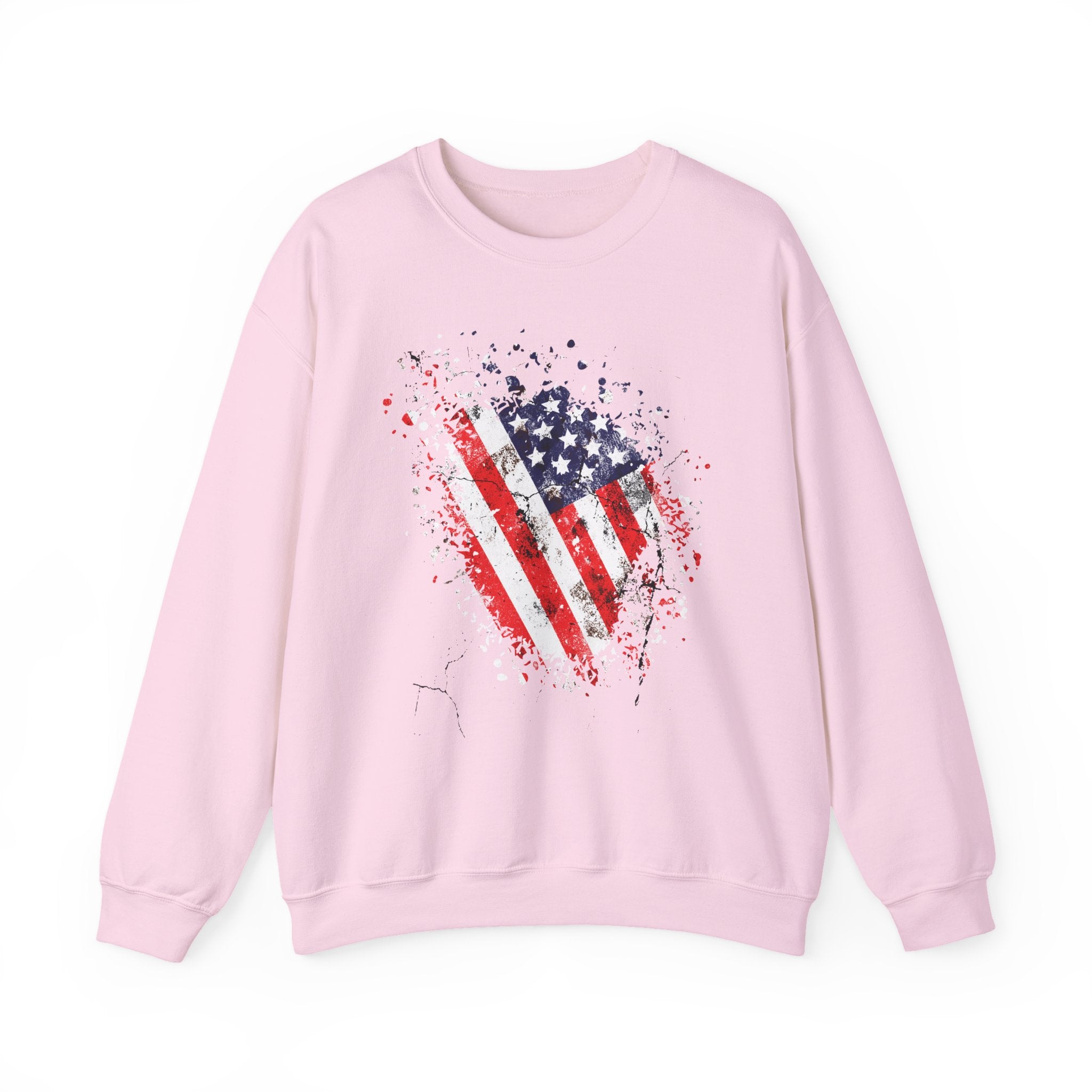 Pink sweatshirt with American flag design on a white background