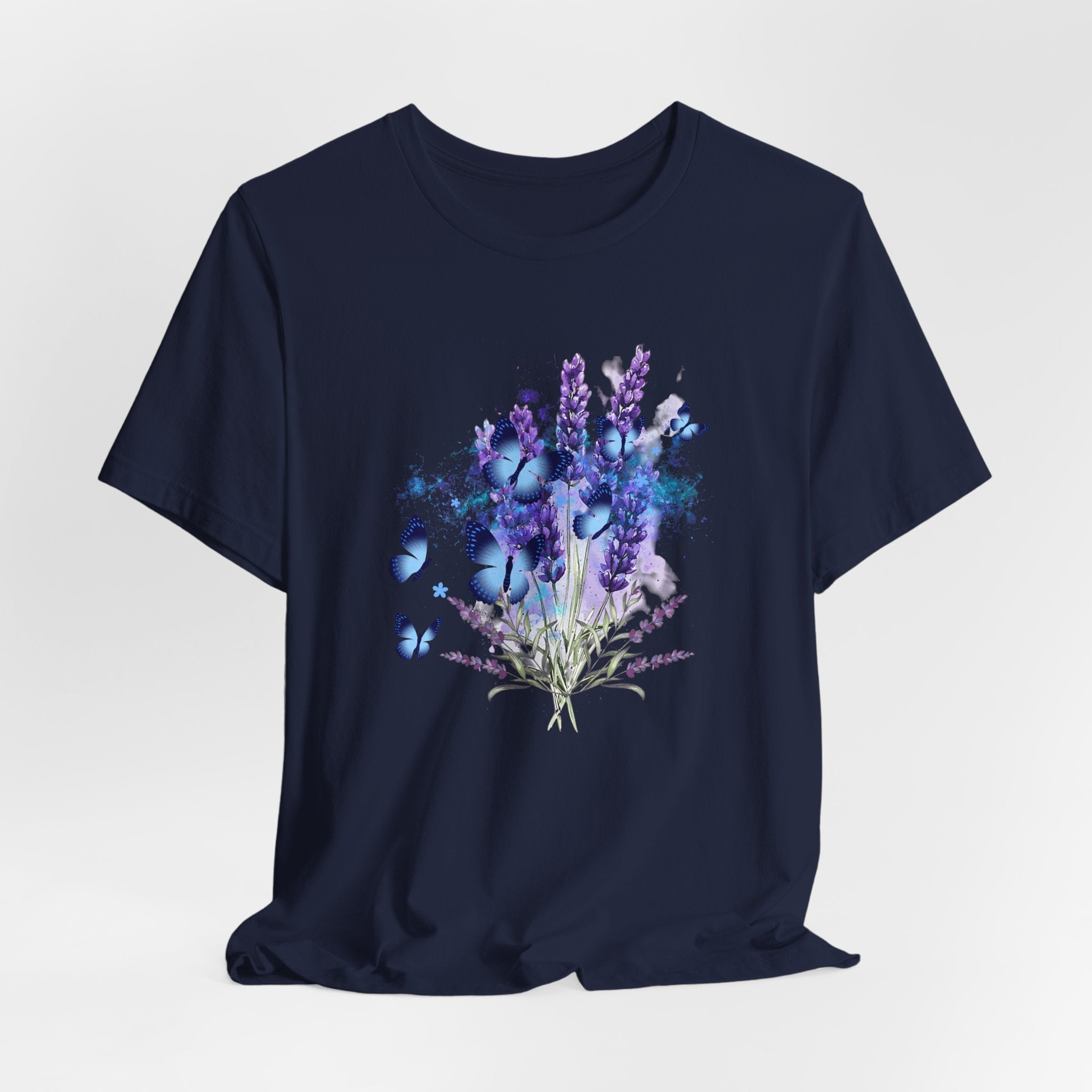 Navy blue t-shirt with a floral design on a light gray background