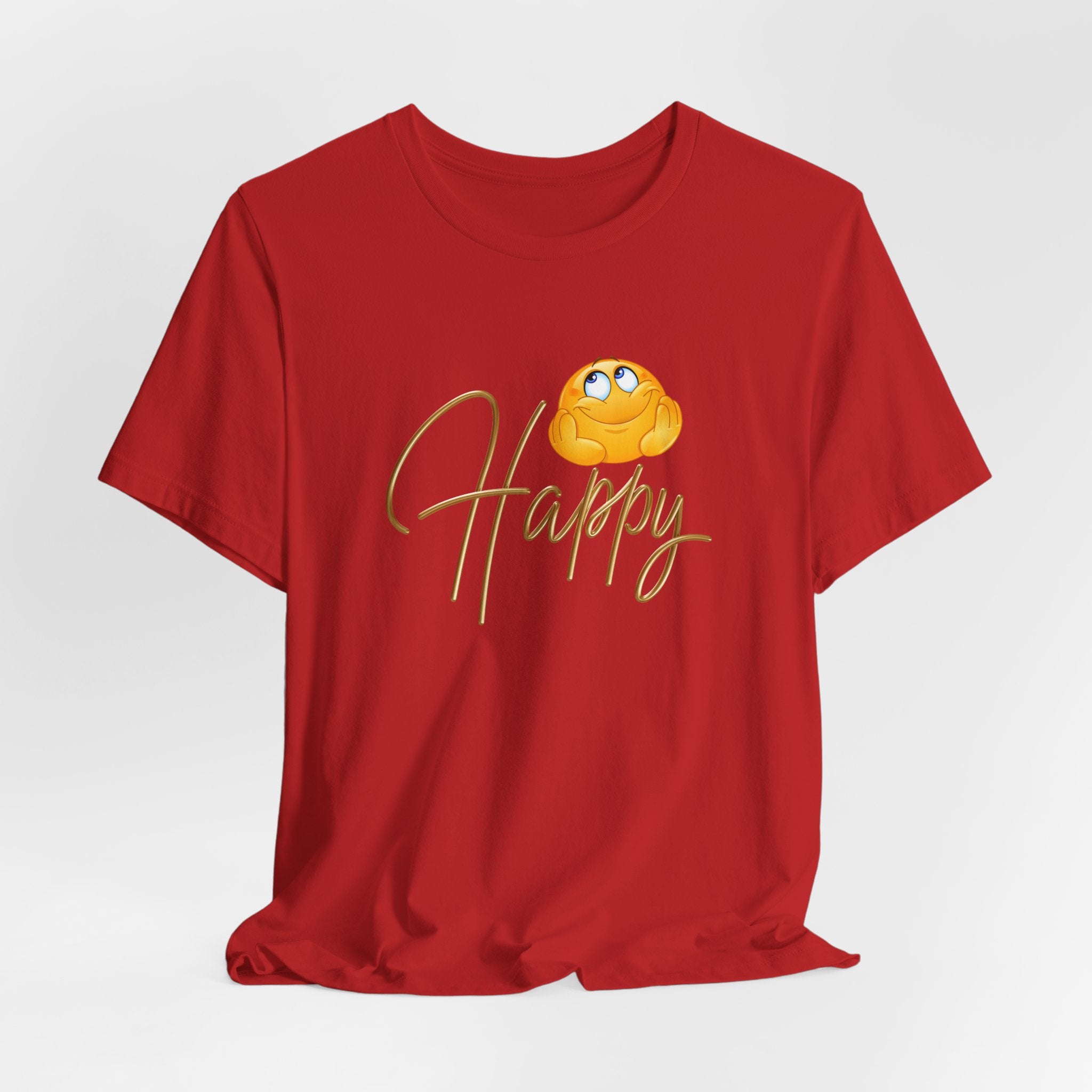 Red t-shirt with a yellow character and 'Happy' text on a white background