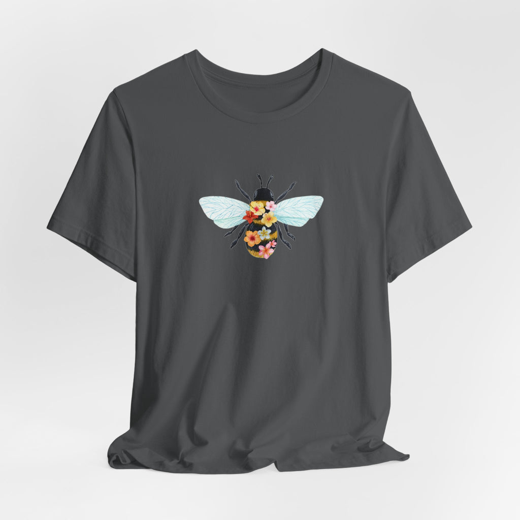Gray t-shirt with a bee design on a white background