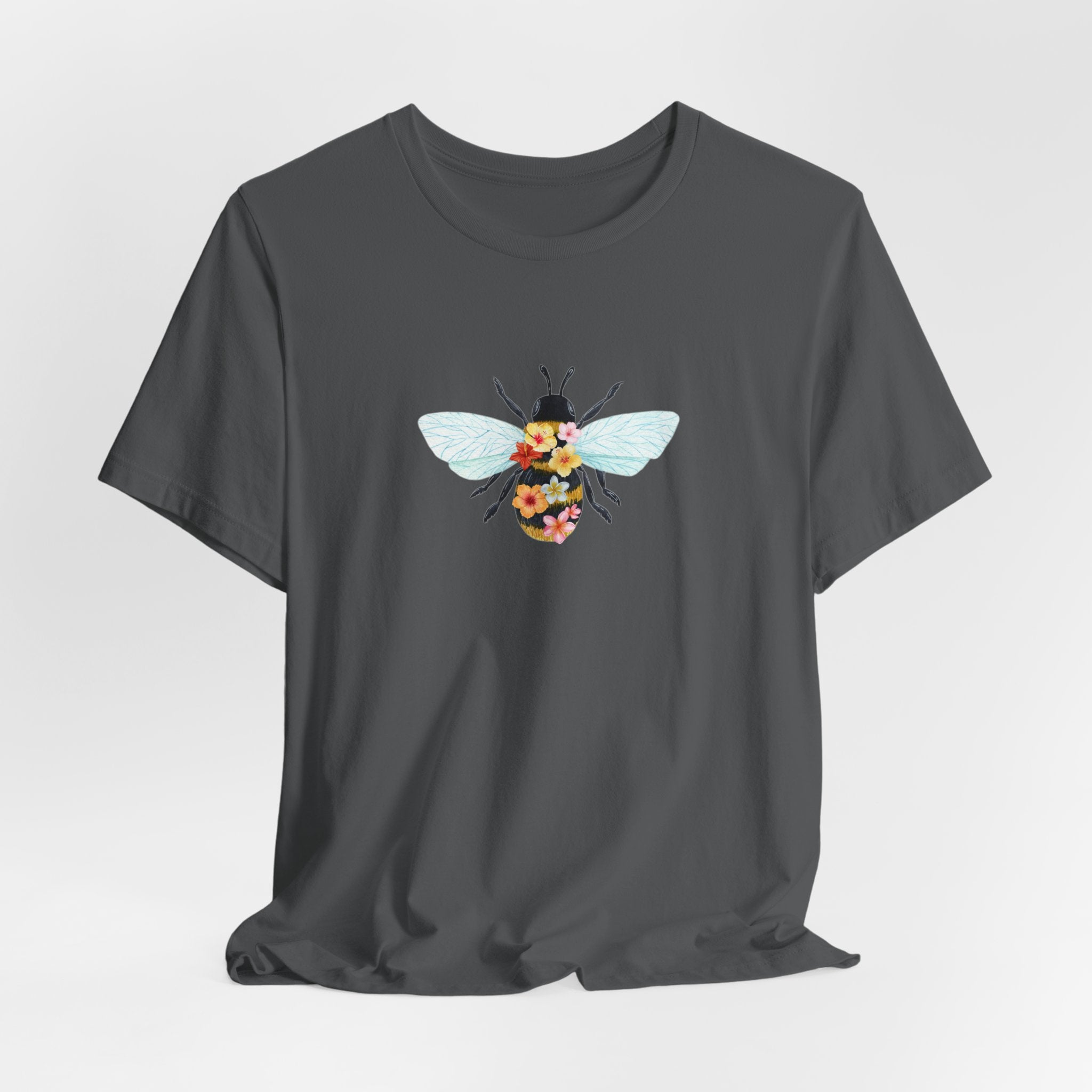 Gray t-shirt with a bee design on a white background