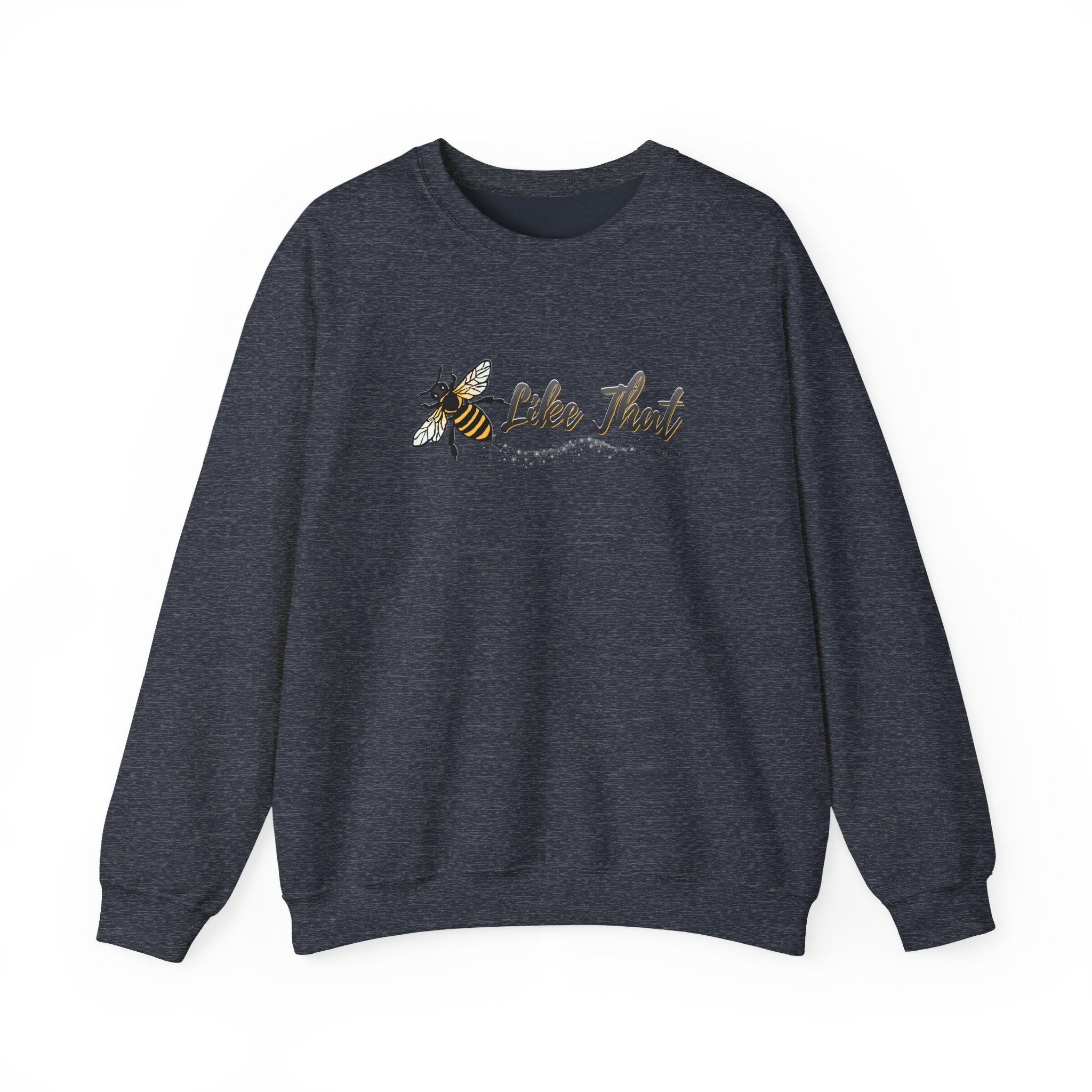 Dark navy sweatshirt with bee graphic and 'Like That' text on a white background