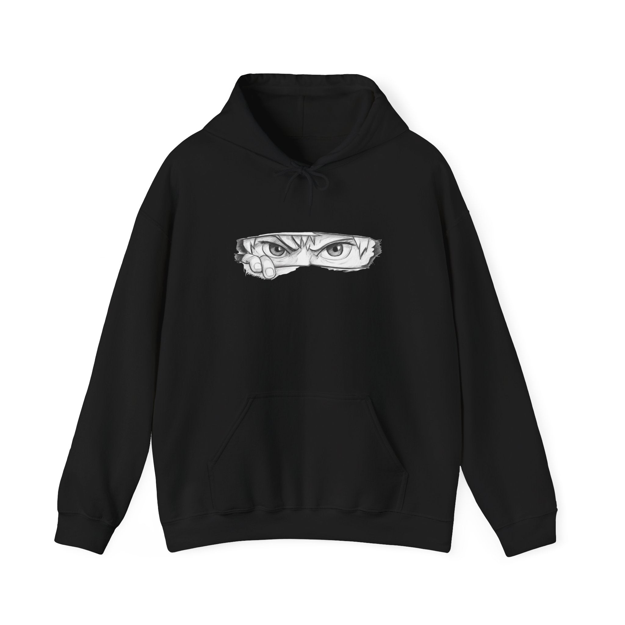 Black hoodie with a graphic of a anime eye on a white background
