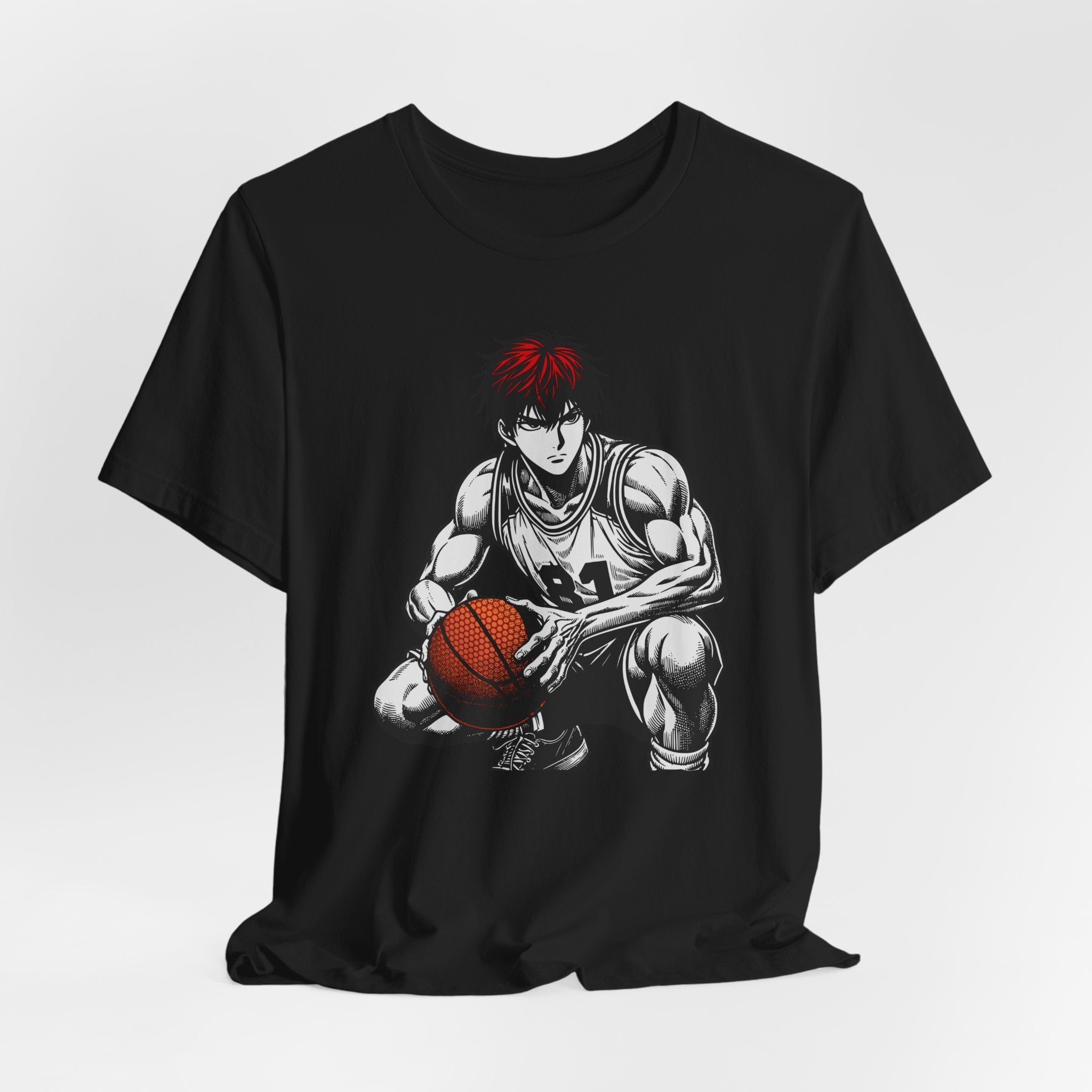 Black t-shirt with a graphic of a basketball player holding a ball on a white background