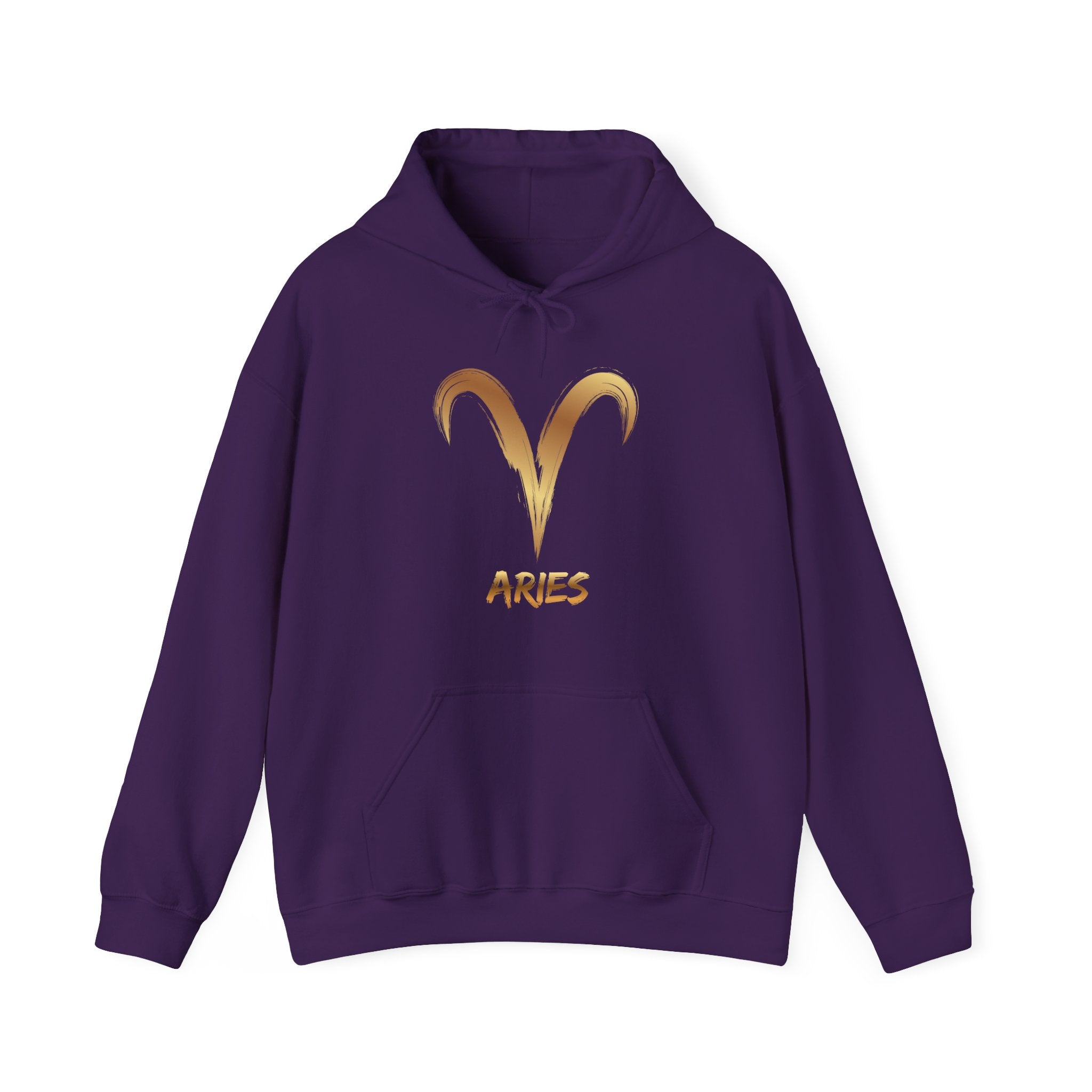 Purple hoodie with gold Aries symbol and text on a white background