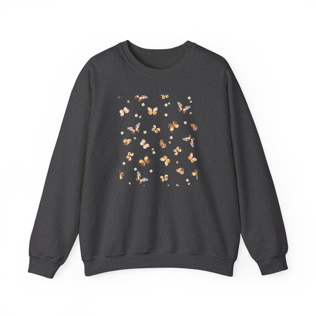Dark gray sweatshirt with a butterfly and flower design on a white background