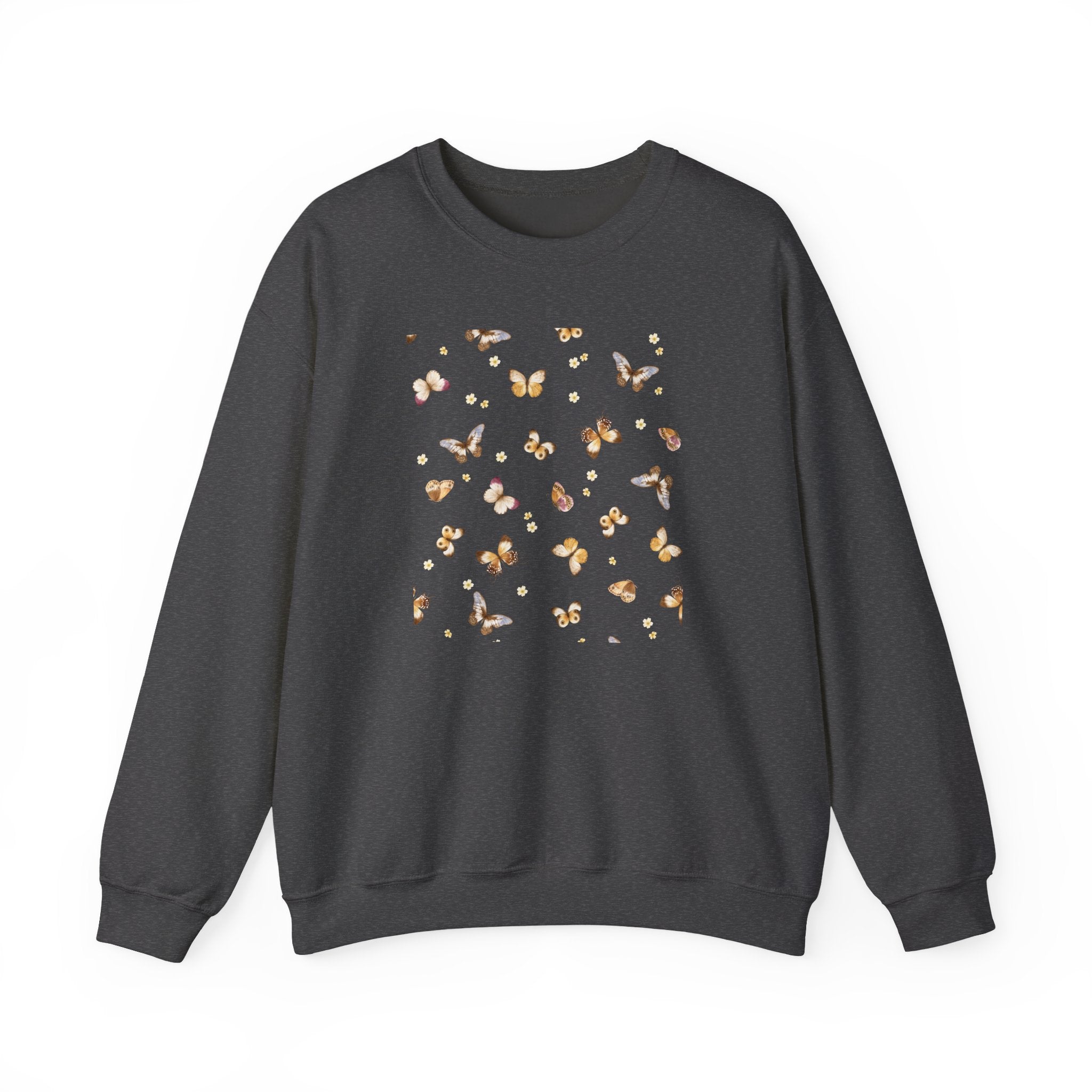 Dark gray sweatshirt with a butterfly and flower design on a white background