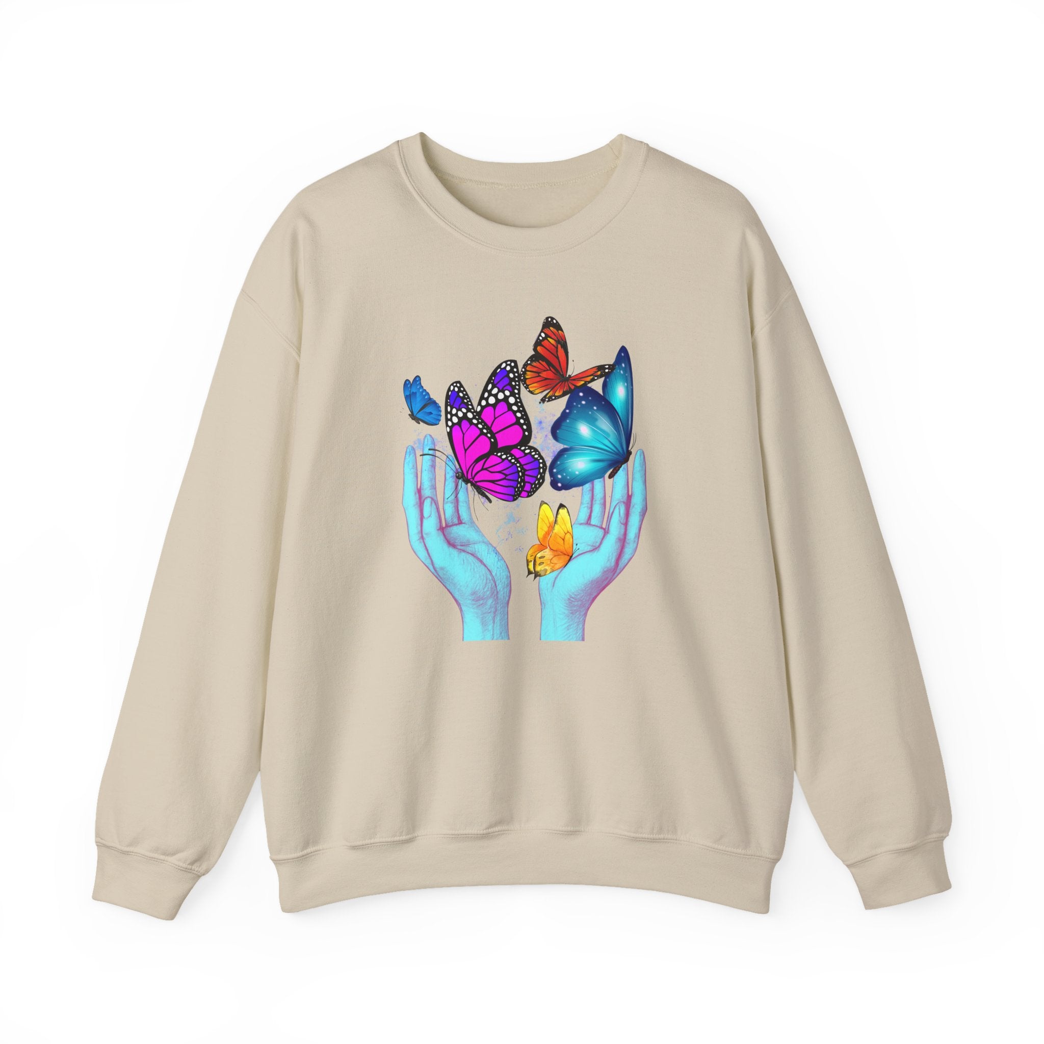 Beige sweatshirt with colorful butterfly design on a white background