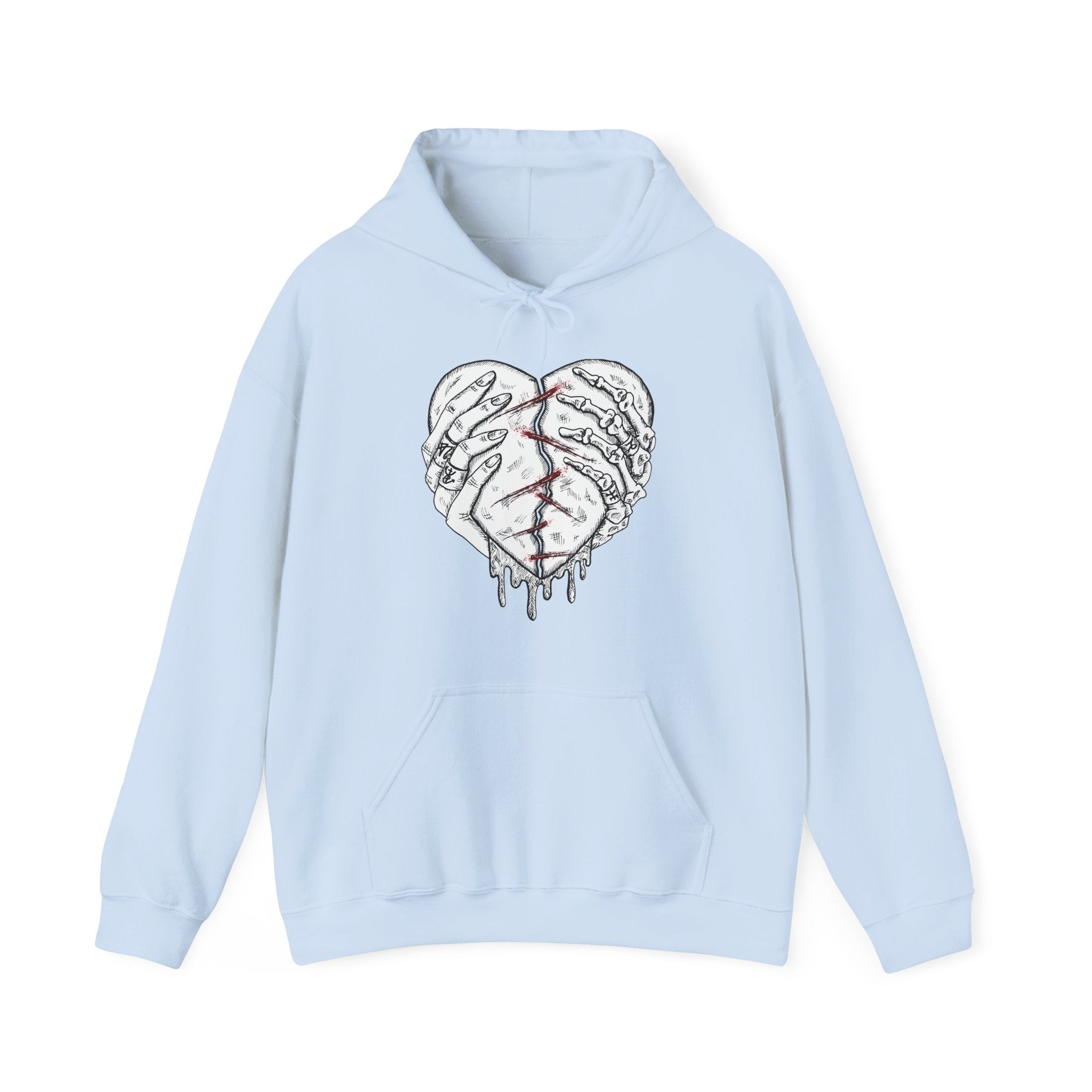 Light blue hoodie with a heart design on a white background