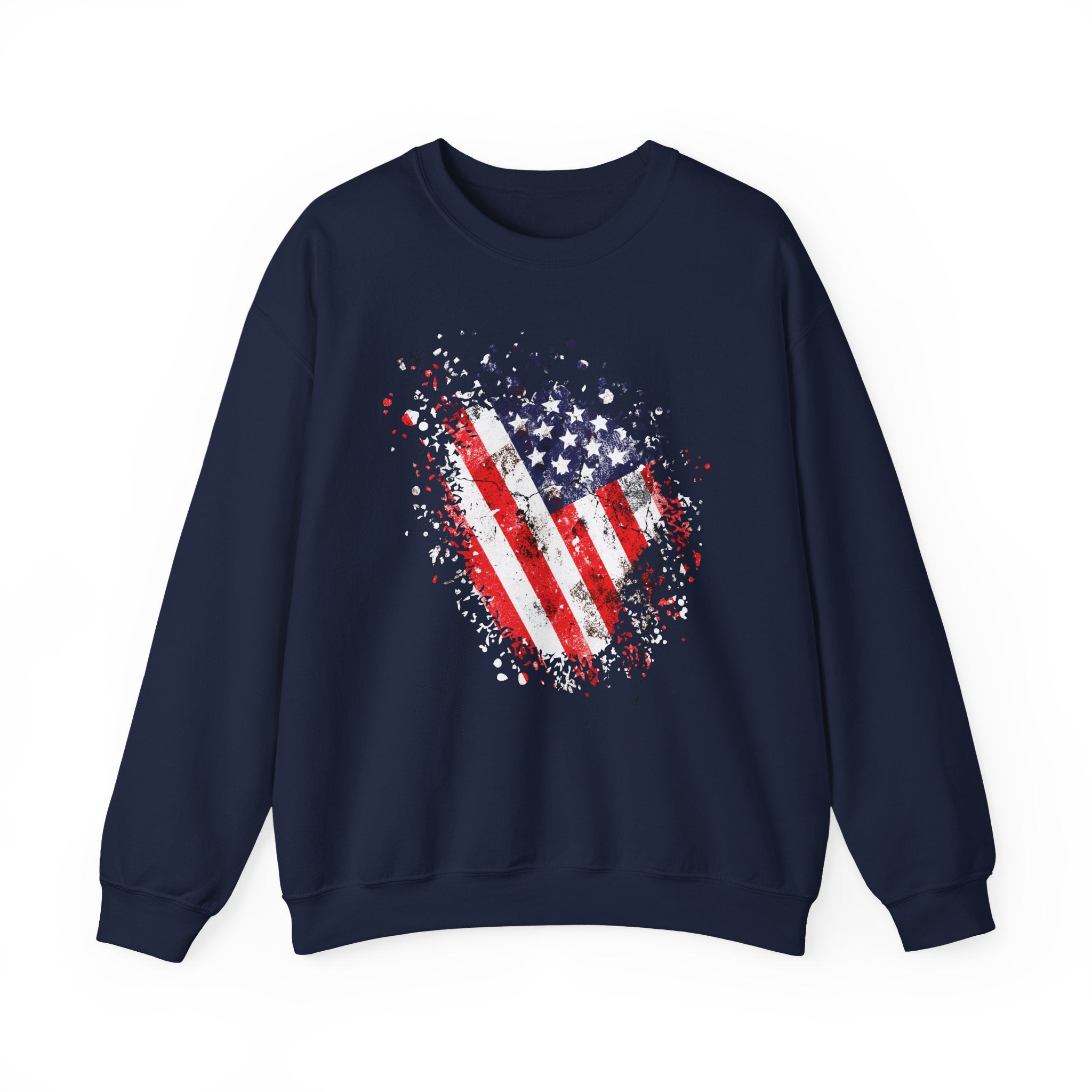 Navy blue sweatshirt with American flag design on a white background