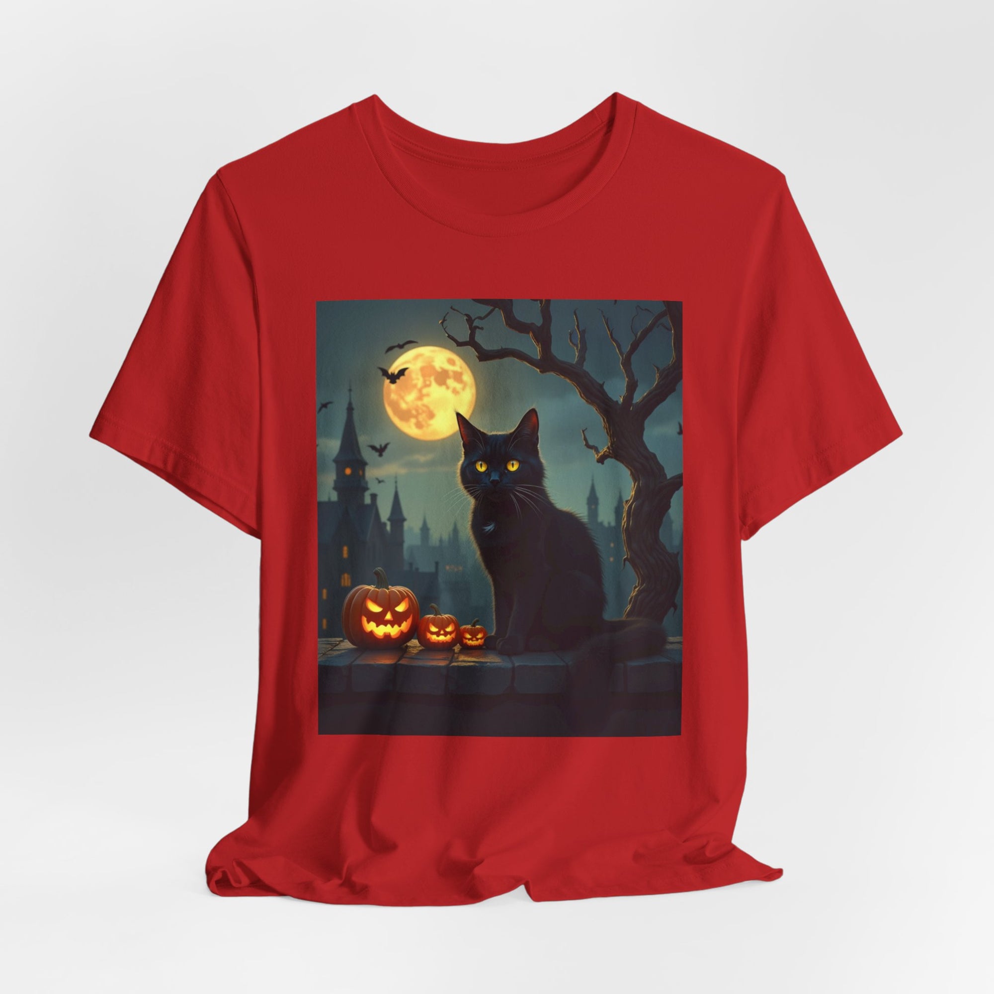 Halloween Cat with Bats and Pumpkins T-shirt for Men and Women