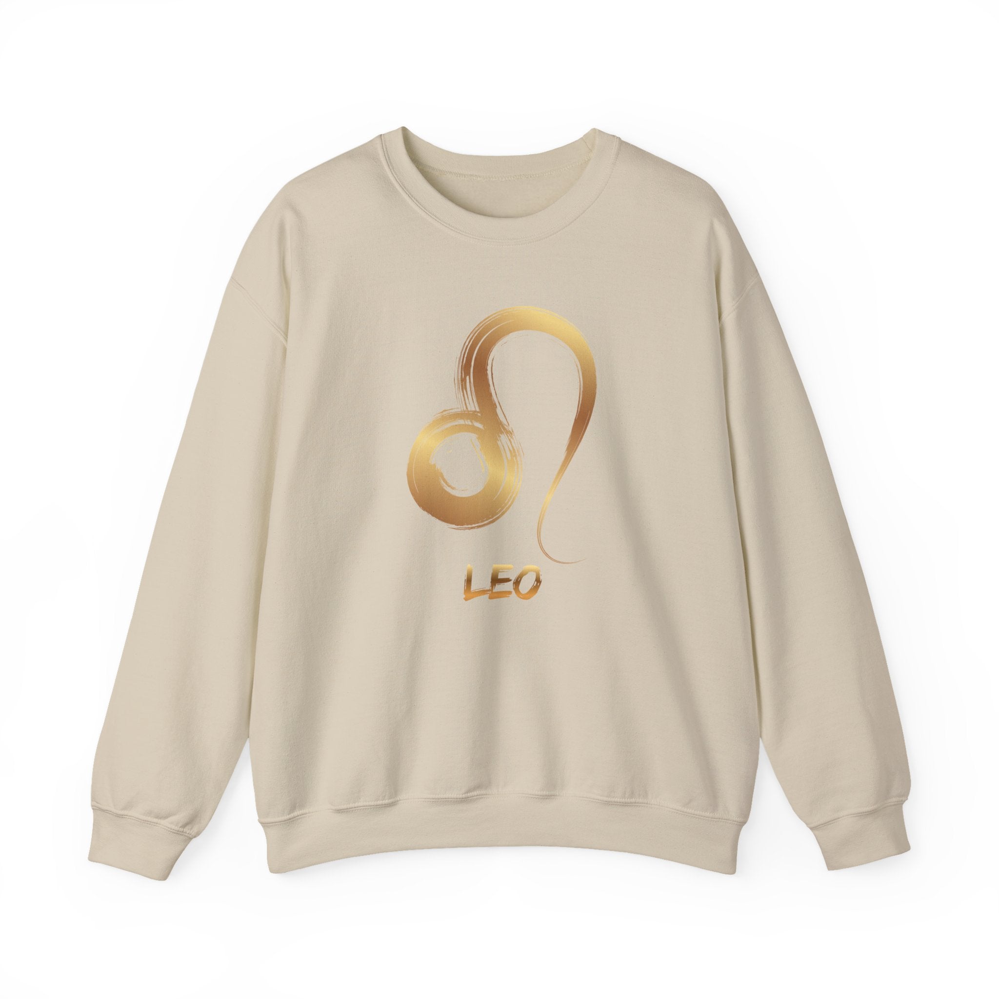 Beige sweatshirt with gold Leo symbol design on a white background