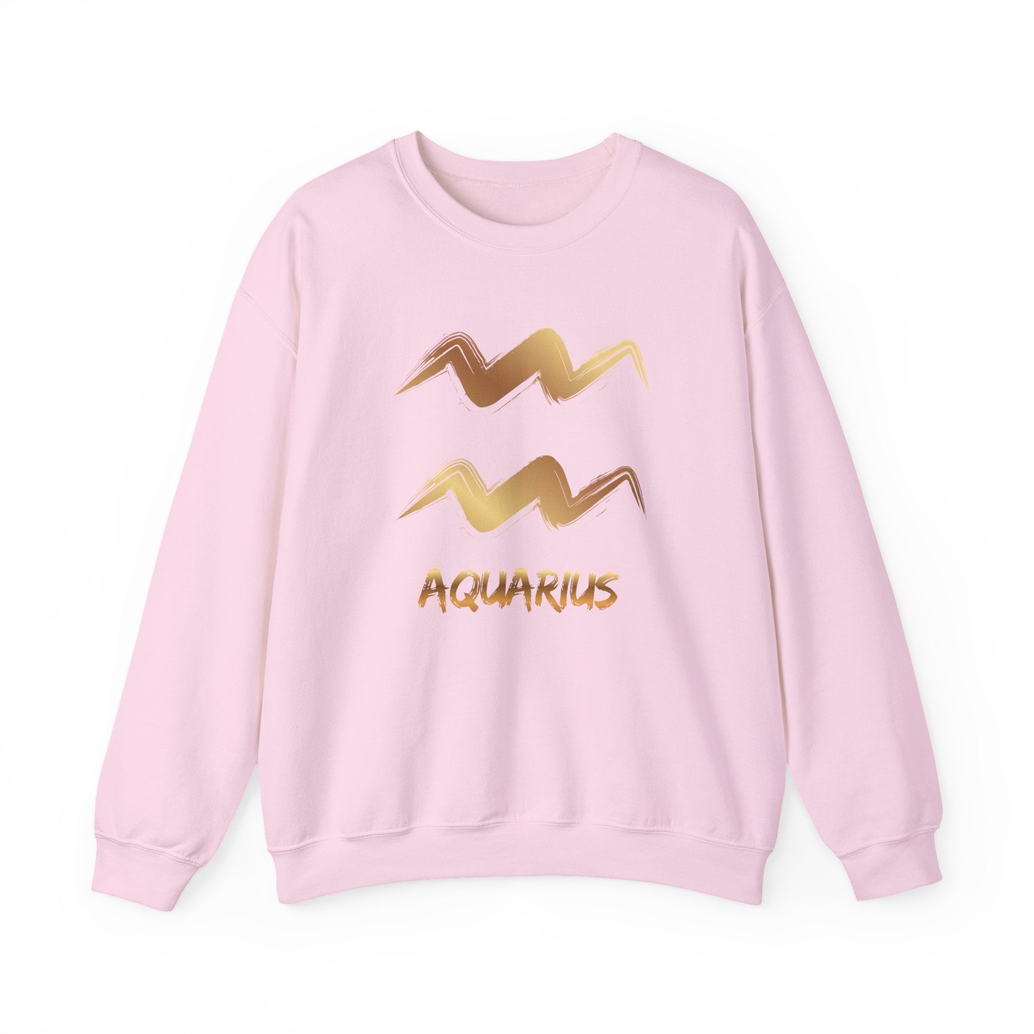 Pink sweatshirt with gold Aquarius design on a white background