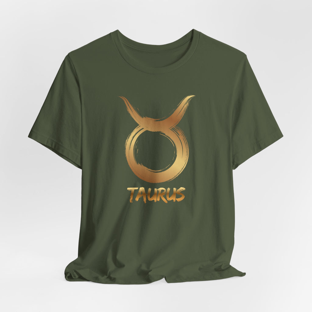 Green t-shirt with Taurus zodiac symbol and text on a white background