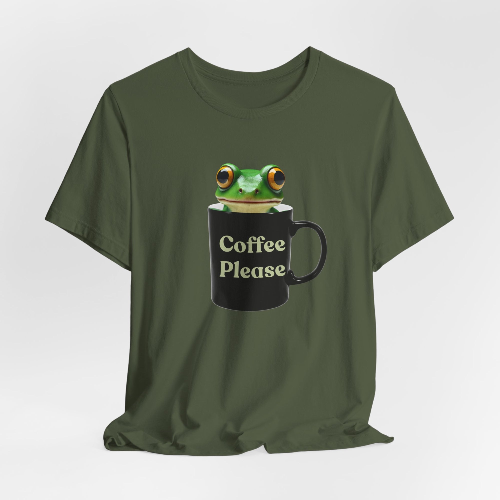 Cute Frog Inside Mug T-Shirt – "Coffee Please" Quote Graphic Tee for Coffee Lovers, Funny Frog with Mug Shirt, Gift for Caffeine Addicts