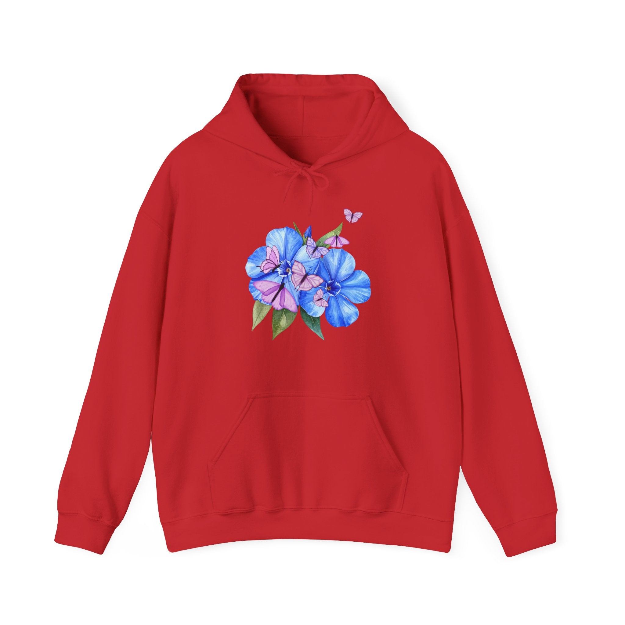 Red hoodie with floral design on a white background
