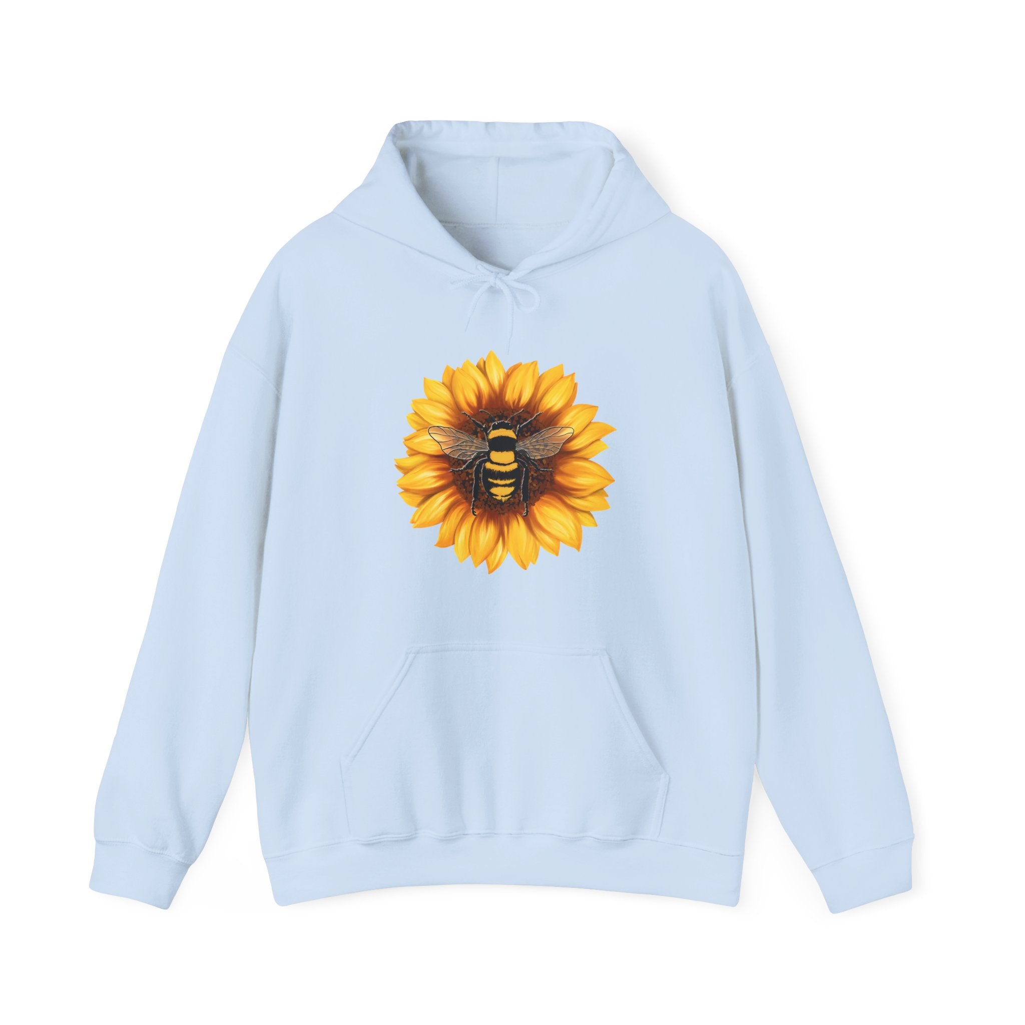 Light blue hoodie with a sunflower and bee design on a white background