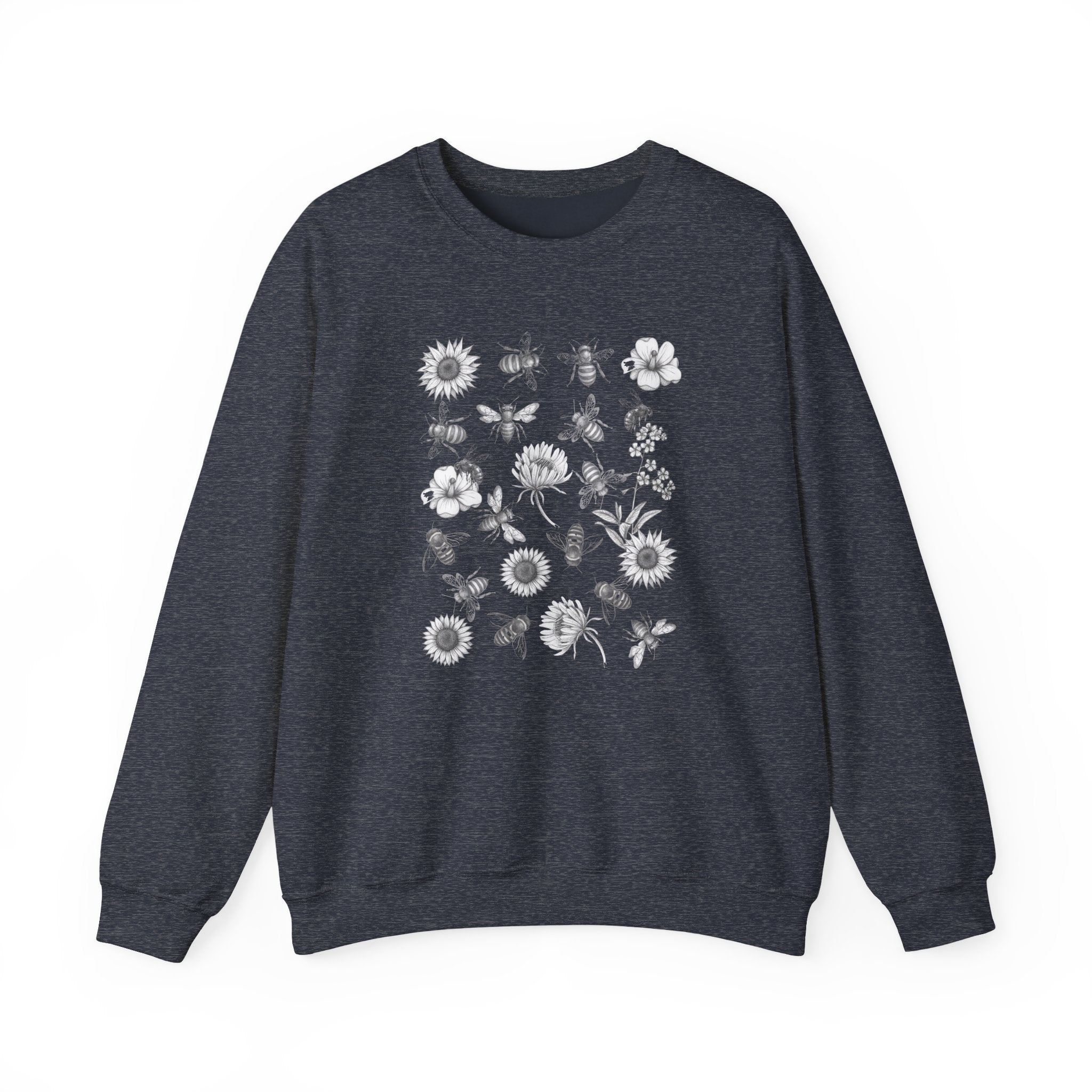 Dark navy sweatshirt with floral and bee design on a white background