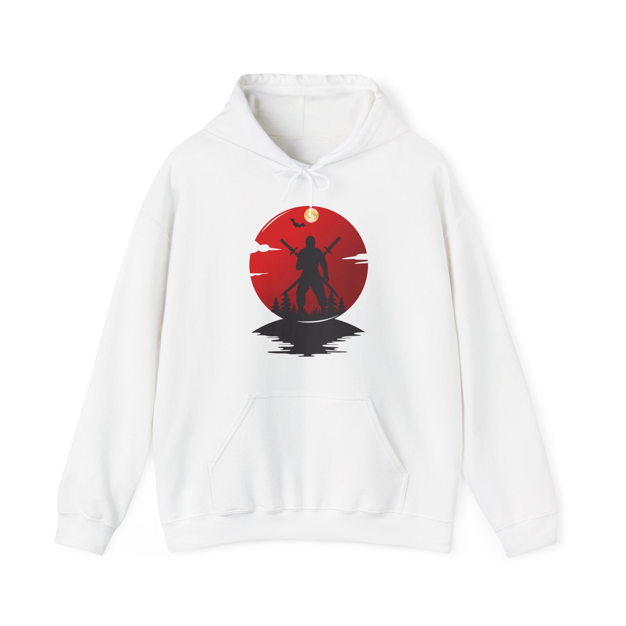 White hoodie with a red and black graphic design on a white background