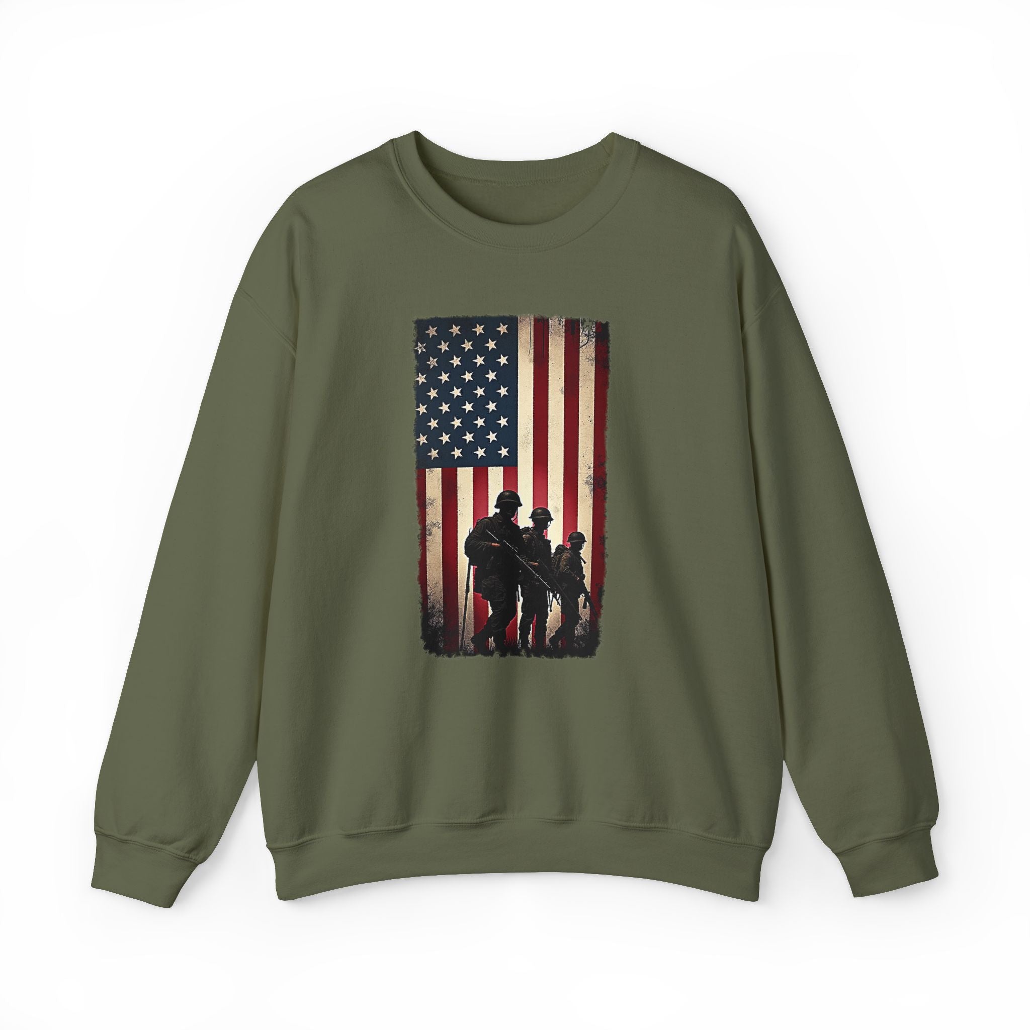 Green sweatshirt with American flag and silhouette design on a white background