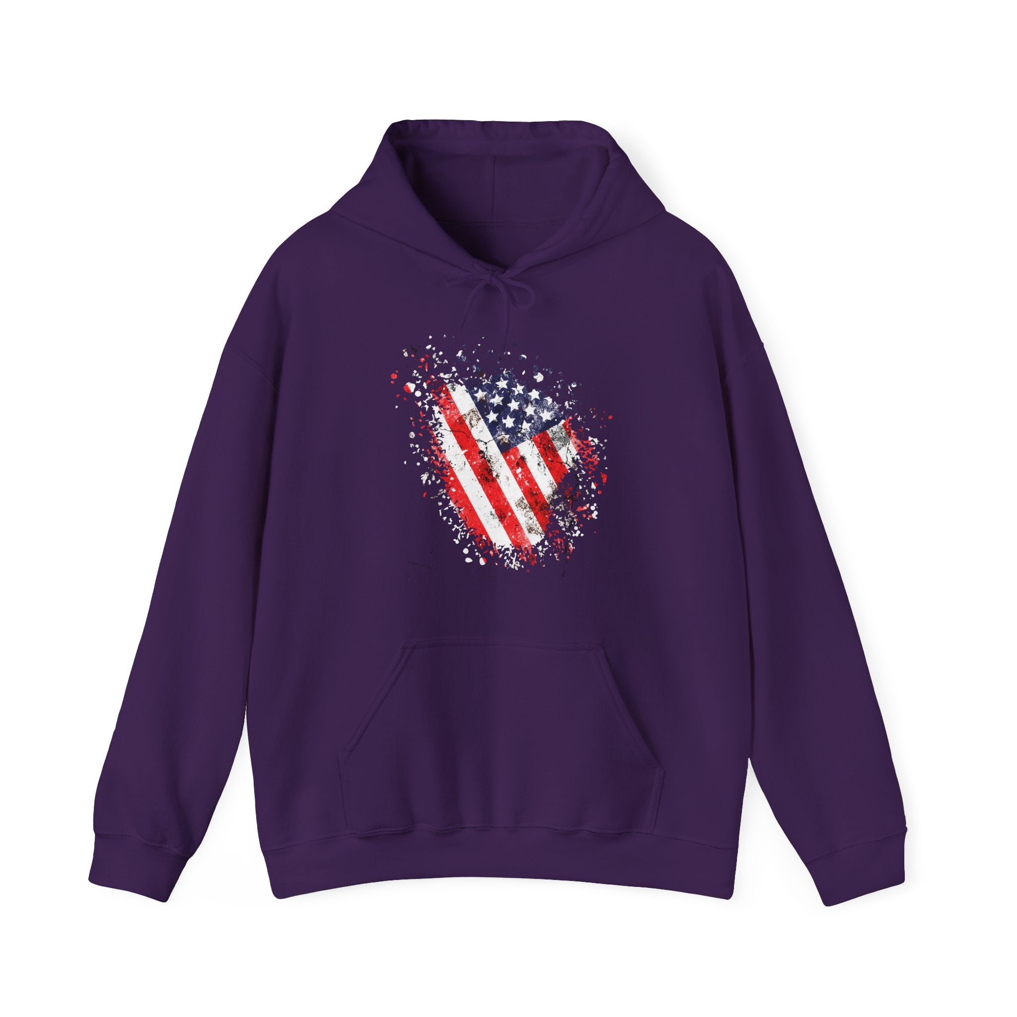 Purple hoodie with vintage American flag design on a white background