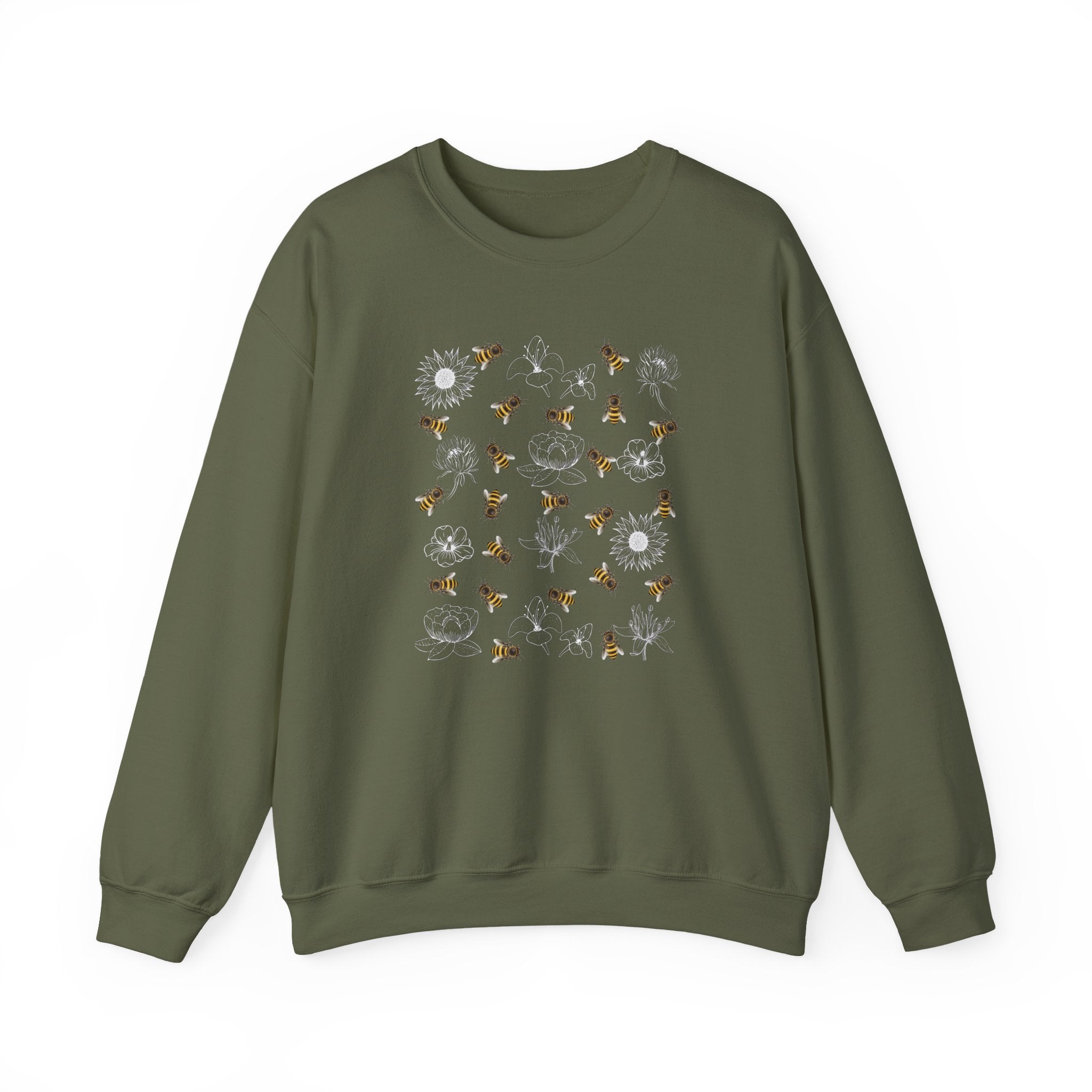 Green sweatshirt with bee and flower pattern on a white background