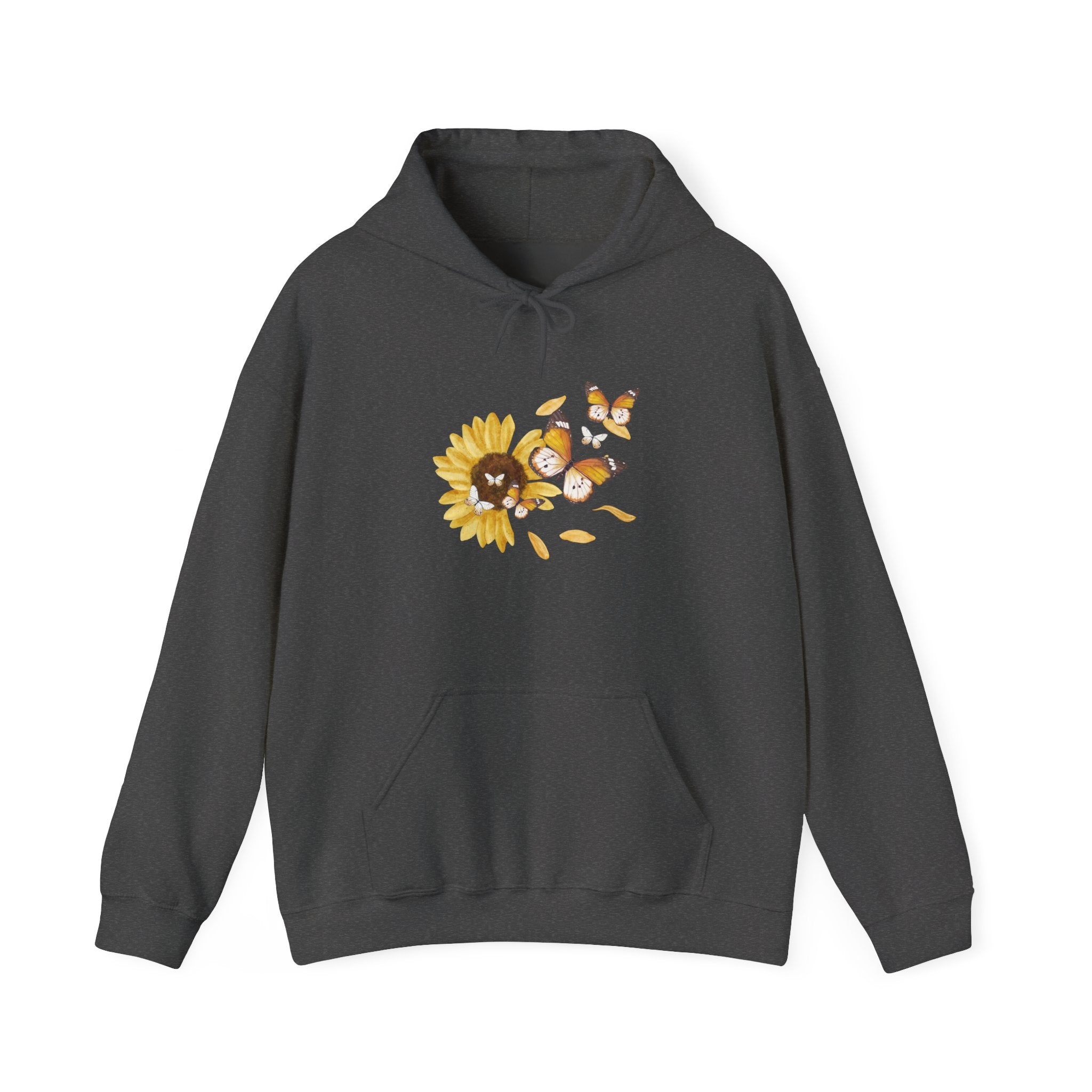 Dark gray hoodie with a sunflower and butterfly design on a white background