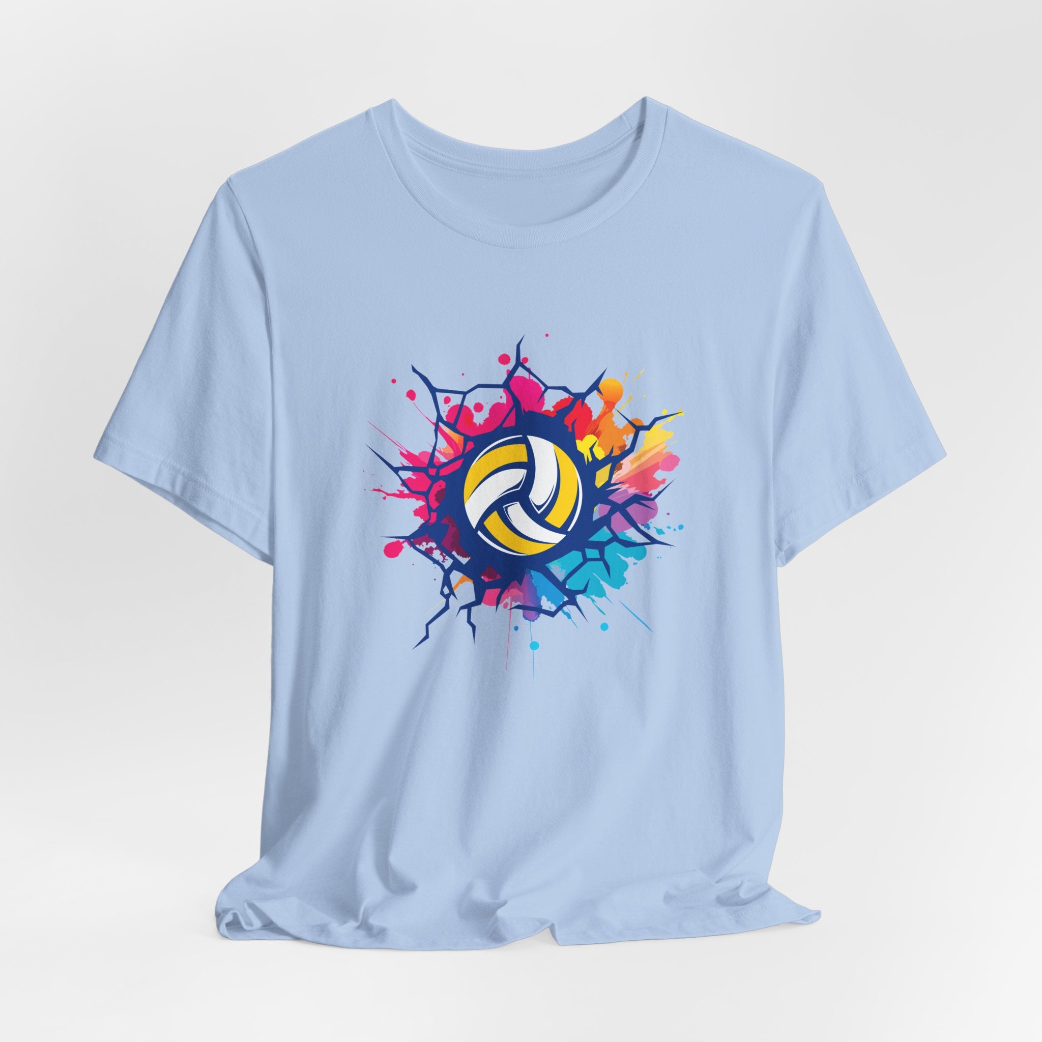 Light blue t-shirt with a colorful volleyball graphic on a light gray background