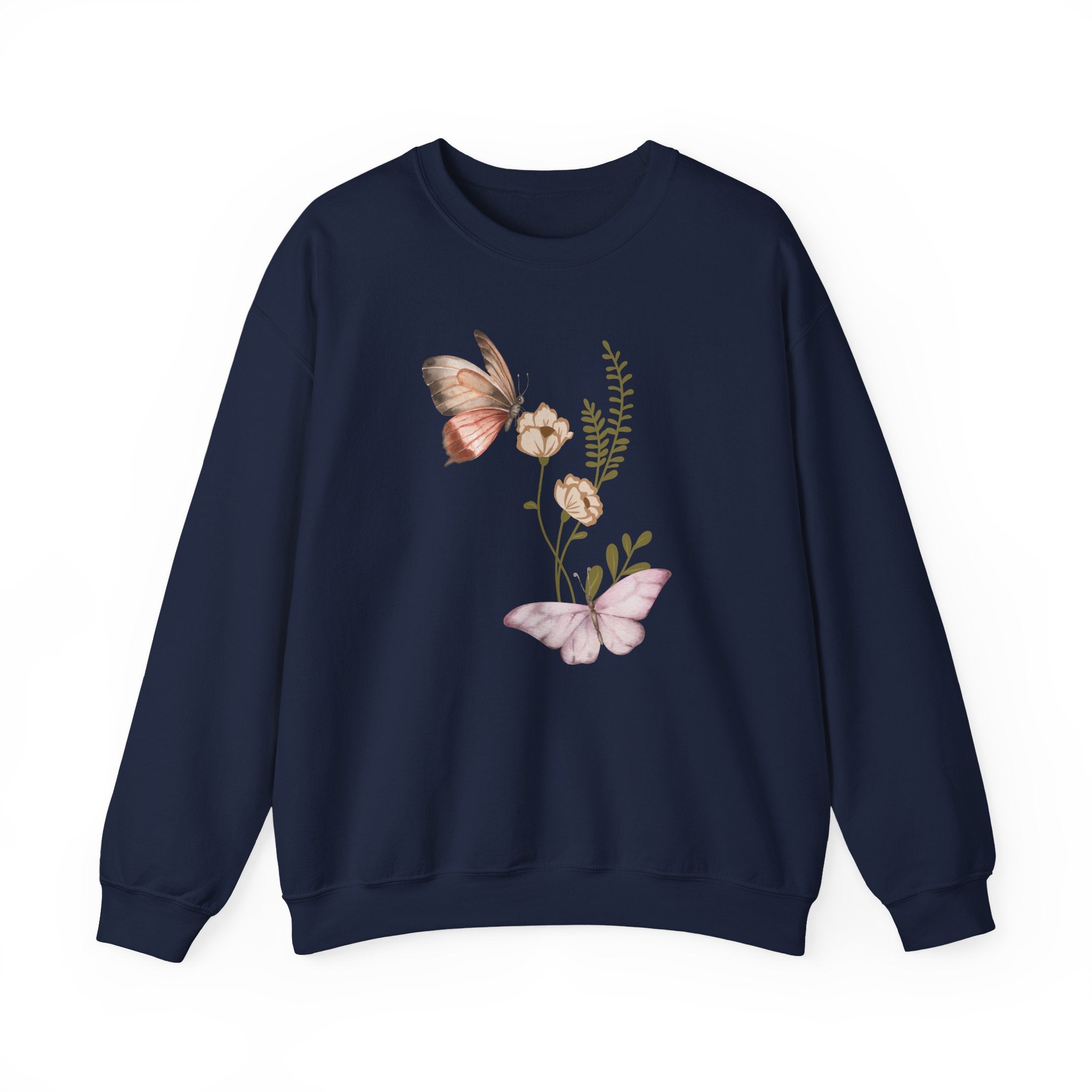 Navy blue sweatshirt with butterfly and floral design on a white background