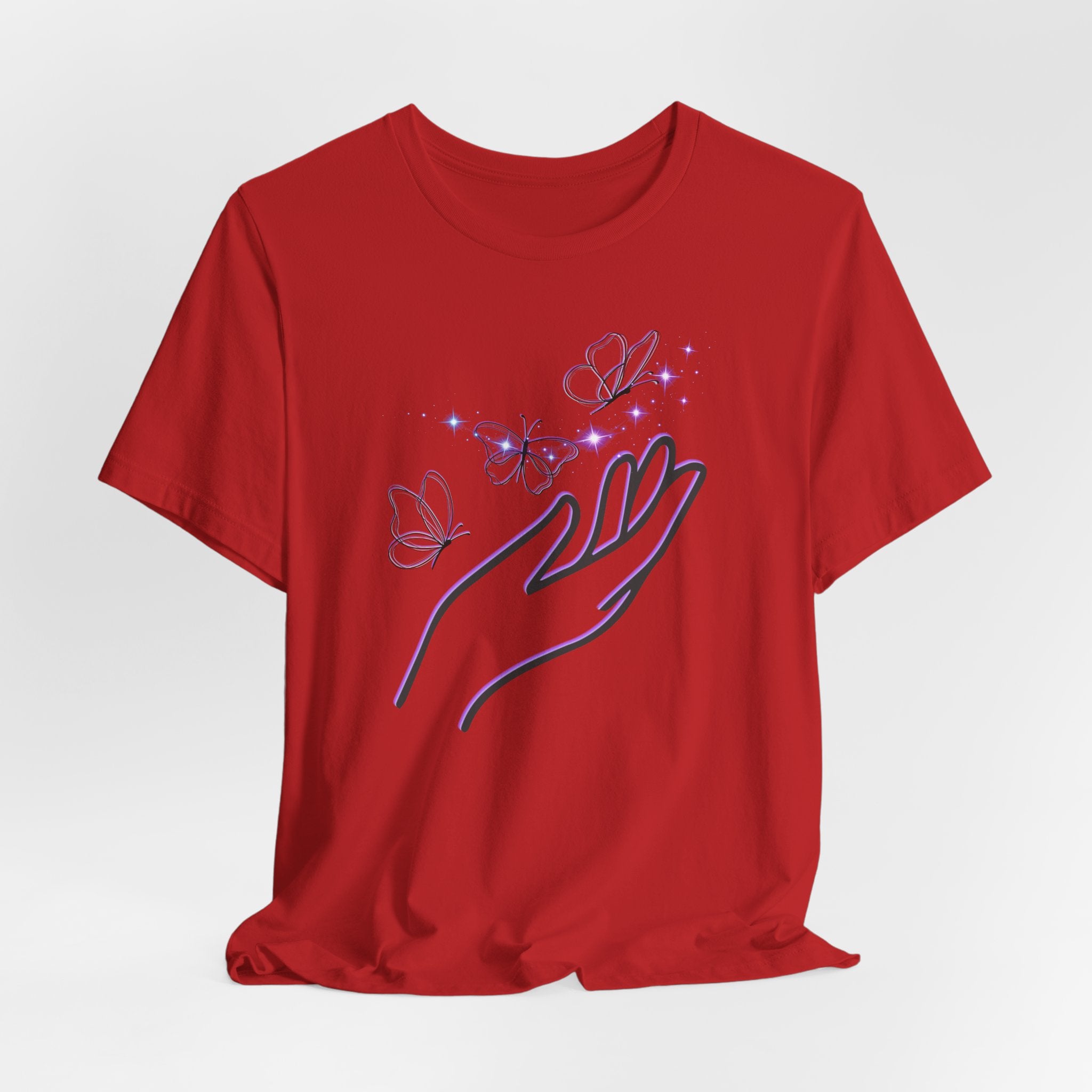 Red t-shirt with a design of a hand holding butterflies on a white background