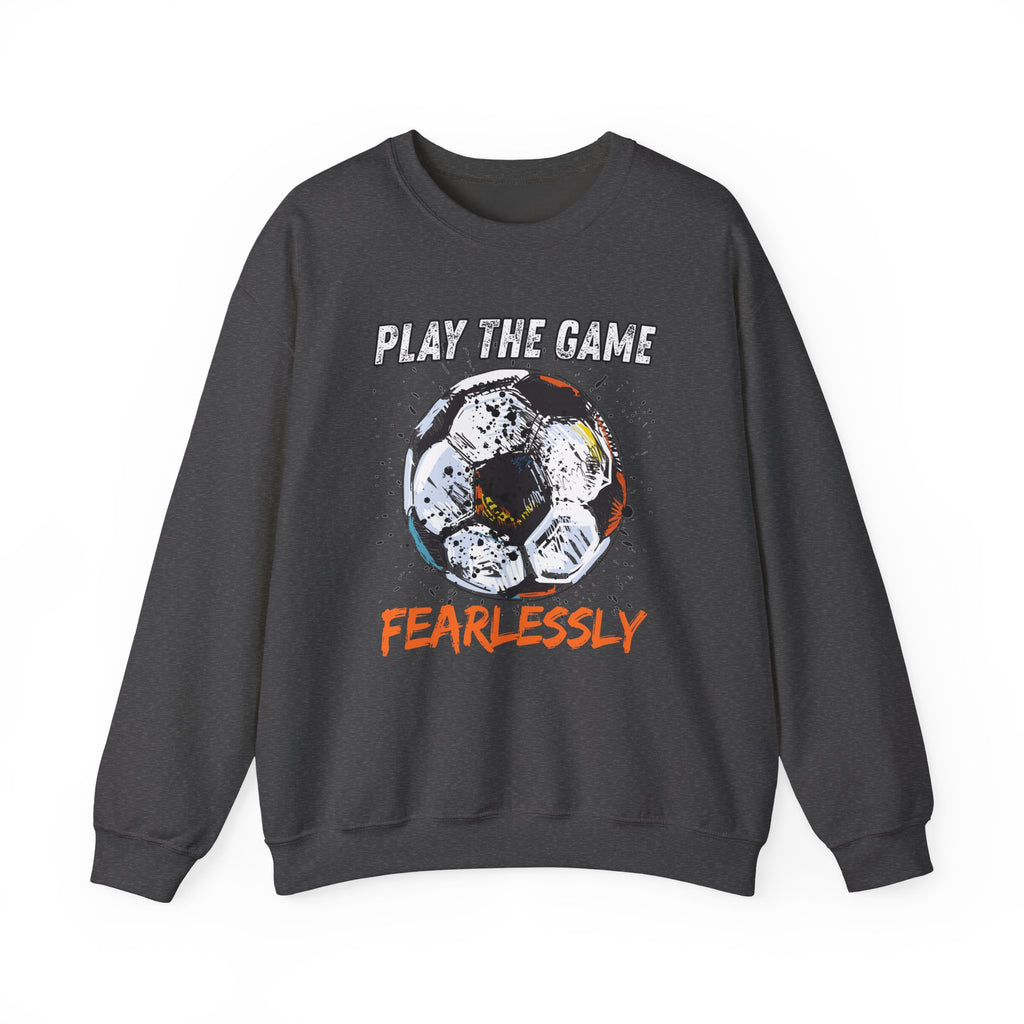 Dark grey sweatshirt with dirty soccer ball graphic and play the game fearlessly text on a white background