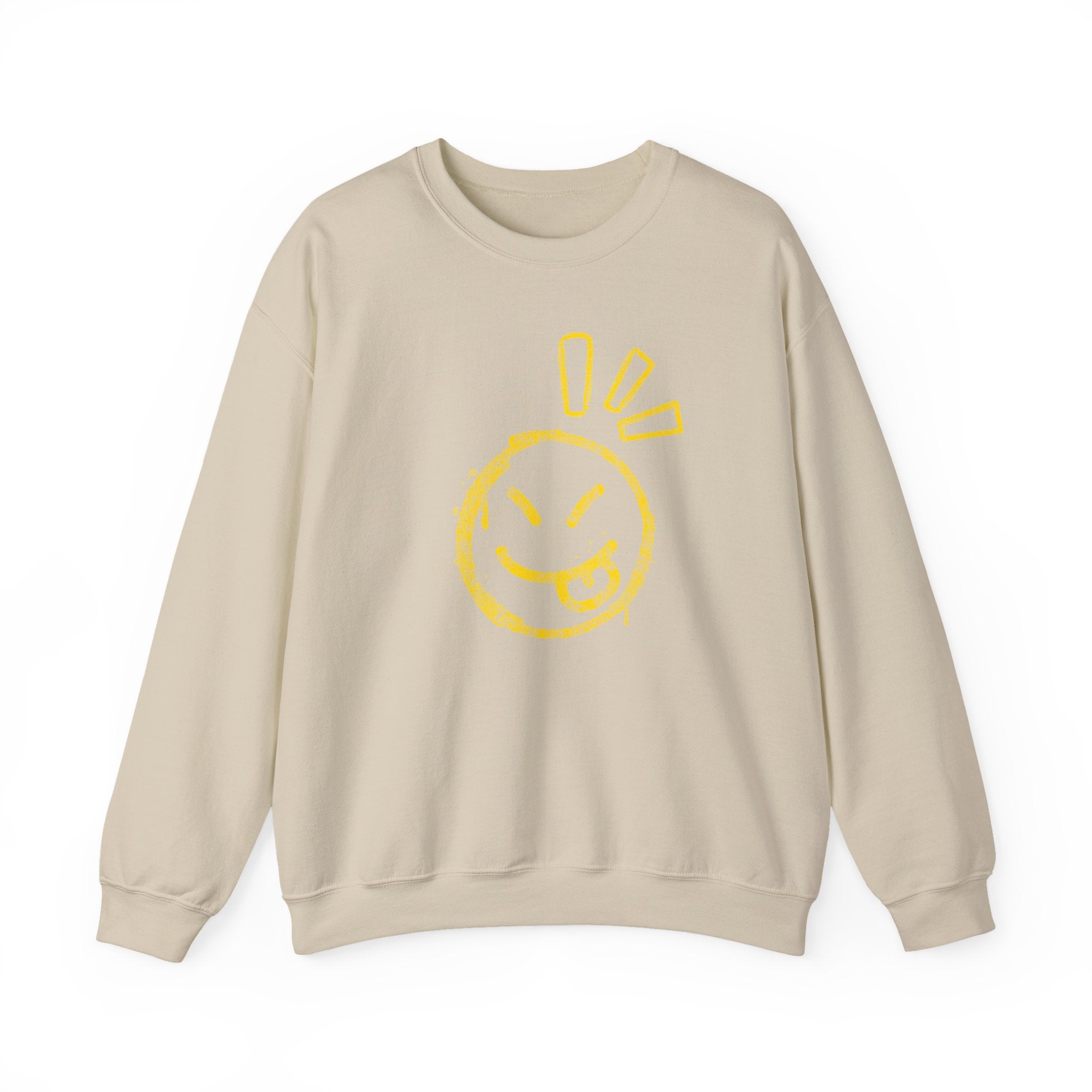 Beige sweatshirt with a yellow smiley face design on a white background