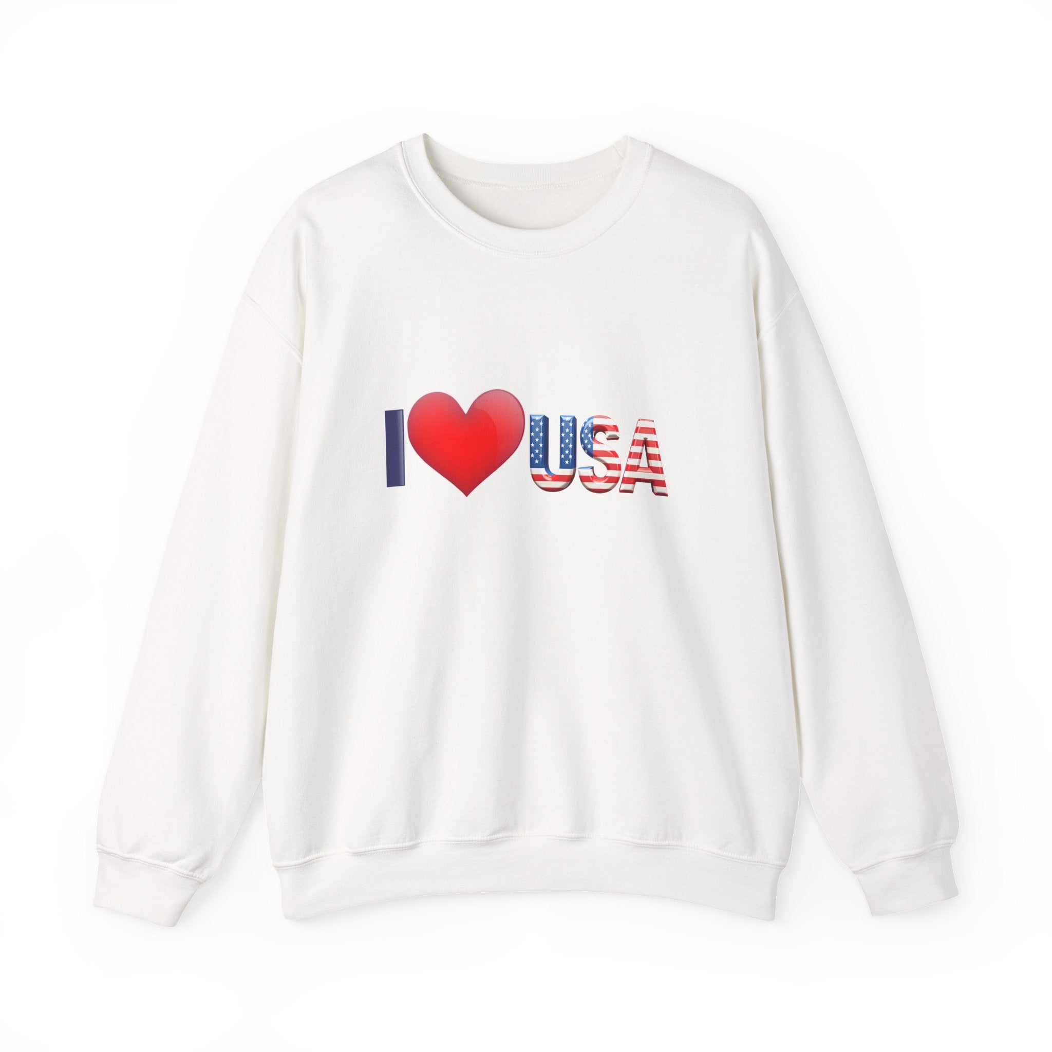 White sweatshirt with 'I ❤️ USA' text on a white background