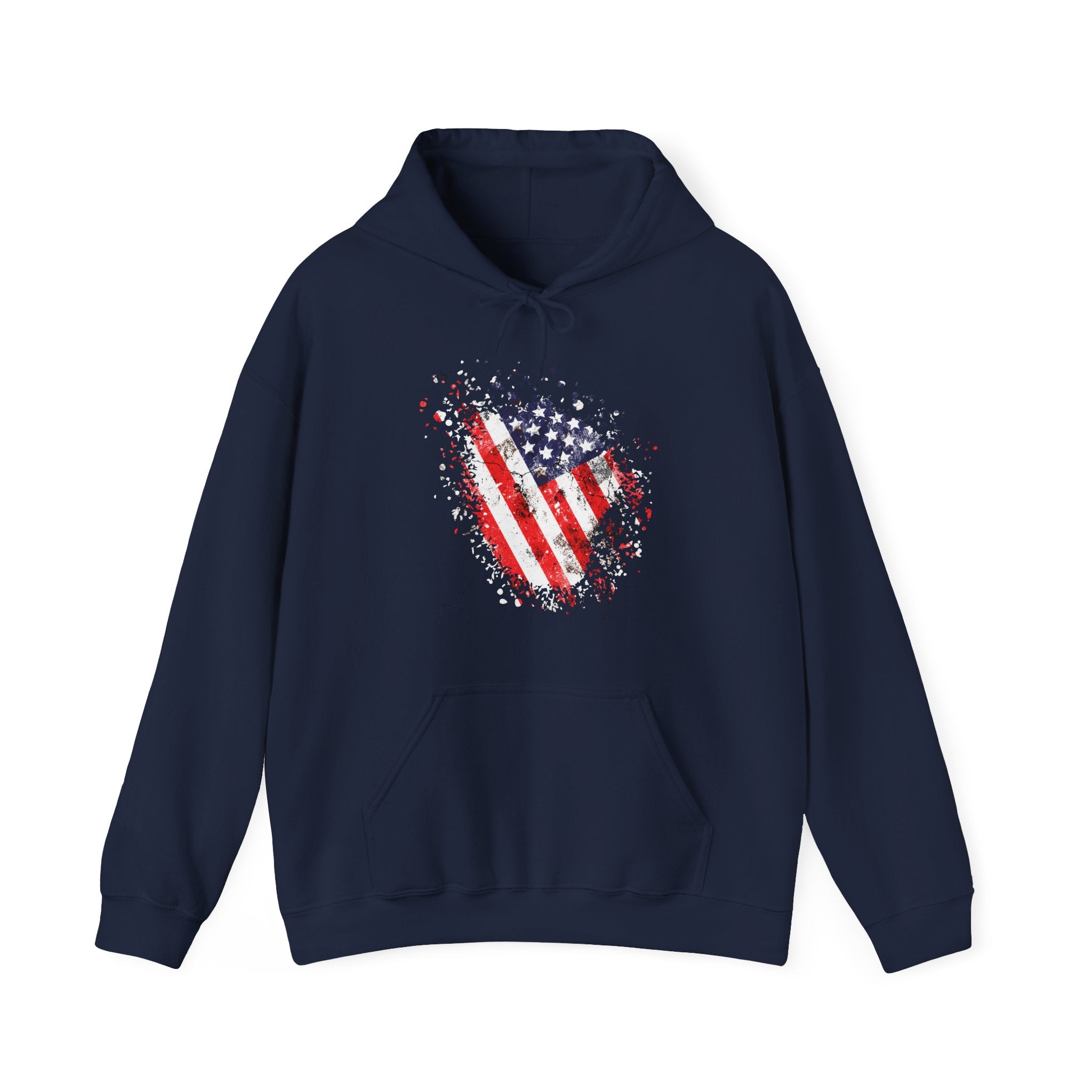 Navy blue hoodie with vintage American flag design on a white background