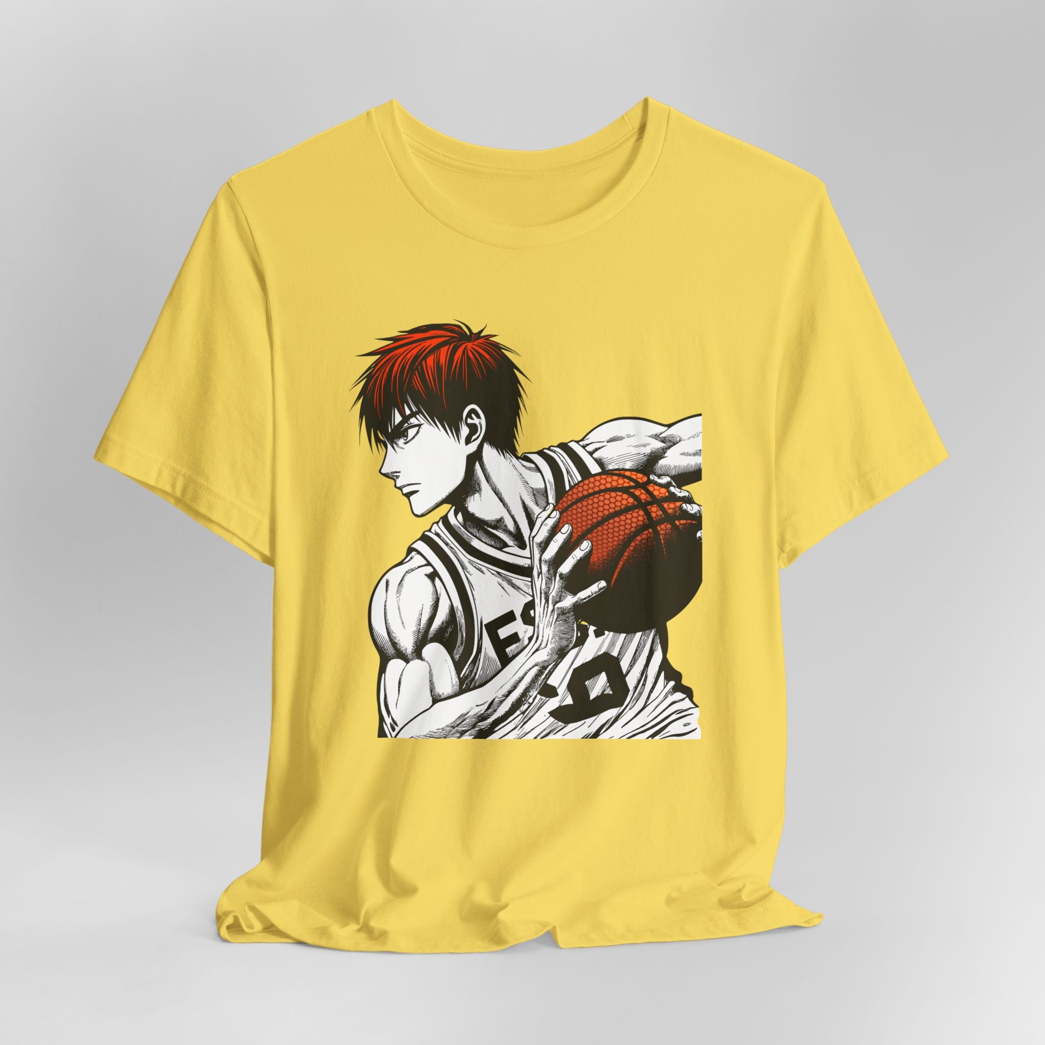 Yellow t-shirt with a graphic of a basketball player on a gray background