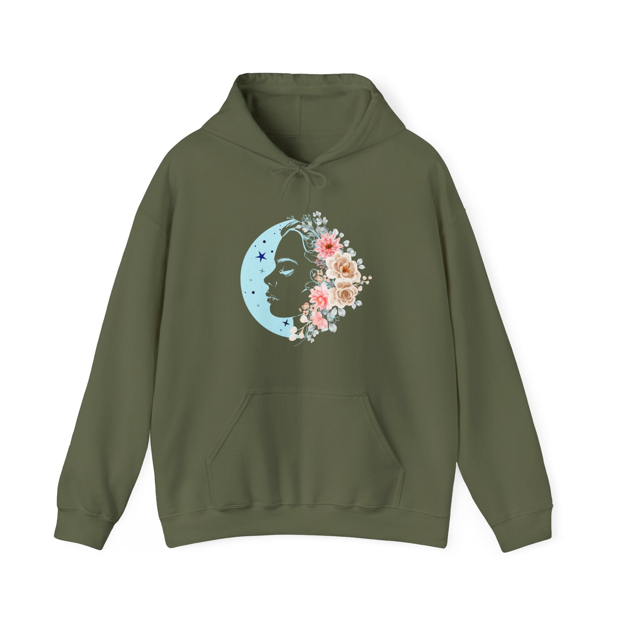 Military green hoodie with floral face moon design on a white background