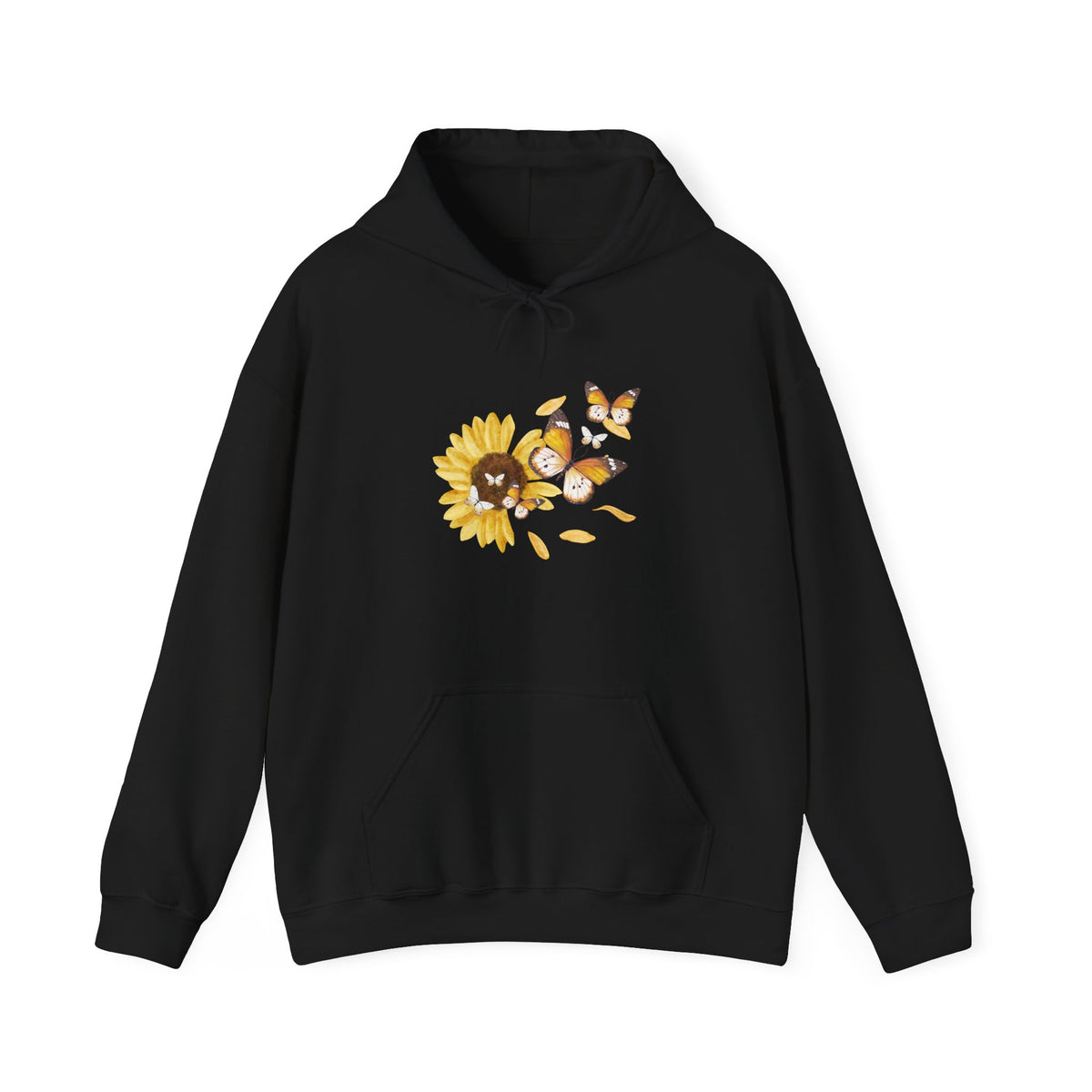Black hoodie with sunflower and butterfly design on a white background