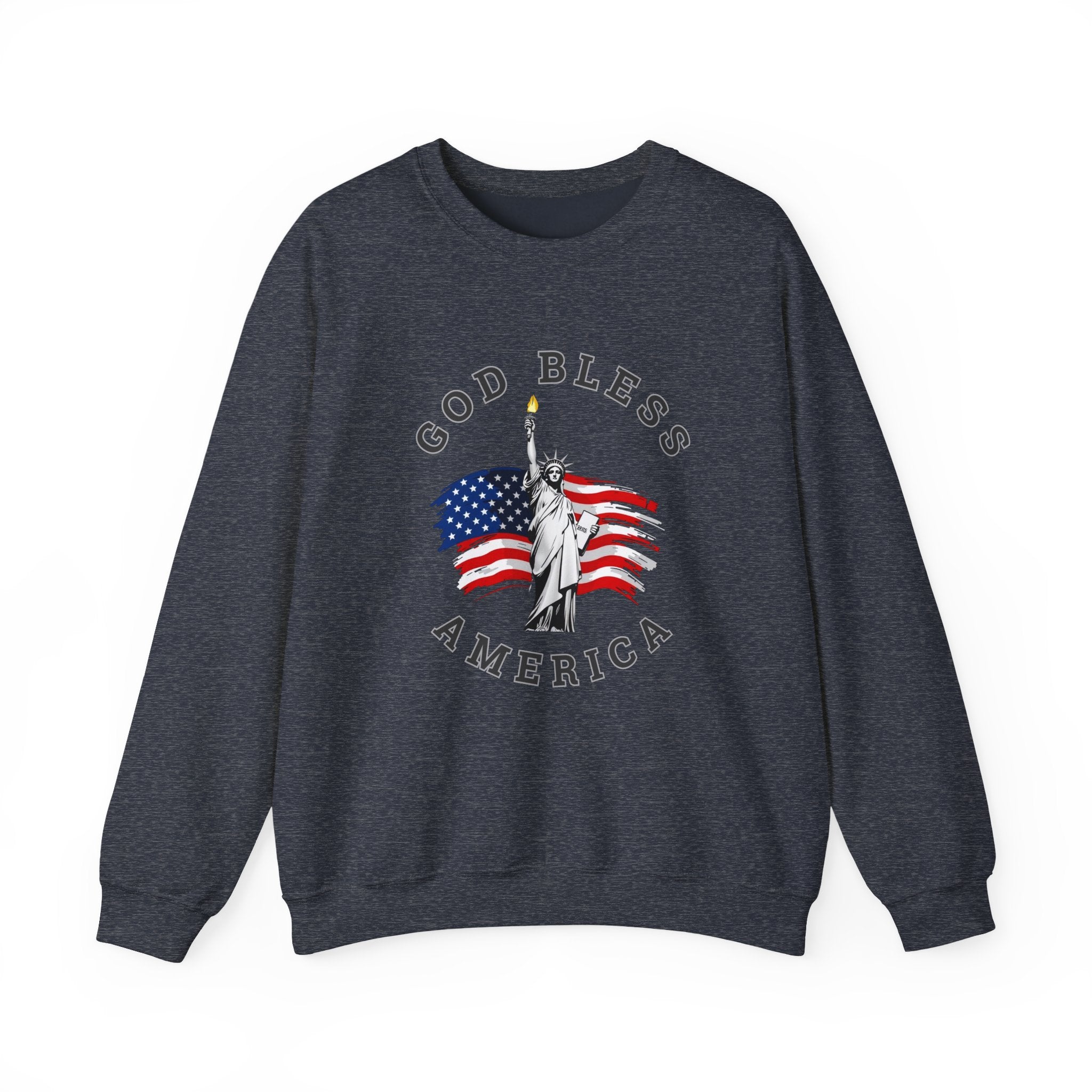 Gray sweatshirt with 'God Bless America' graphic featuring the Statue of Liberty and American flag on a white background.