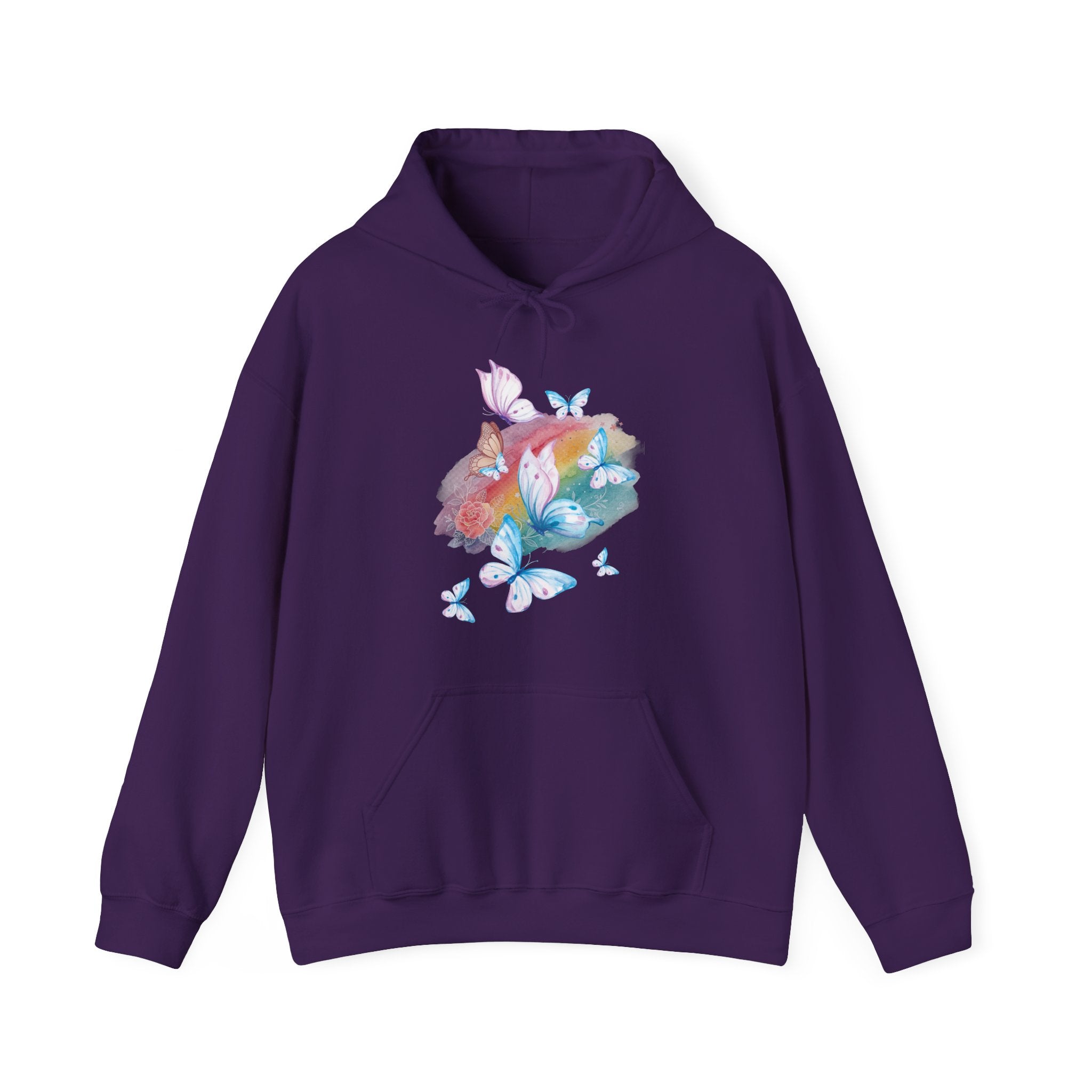 Purple hoodie with a colorful butterfly design on a white background