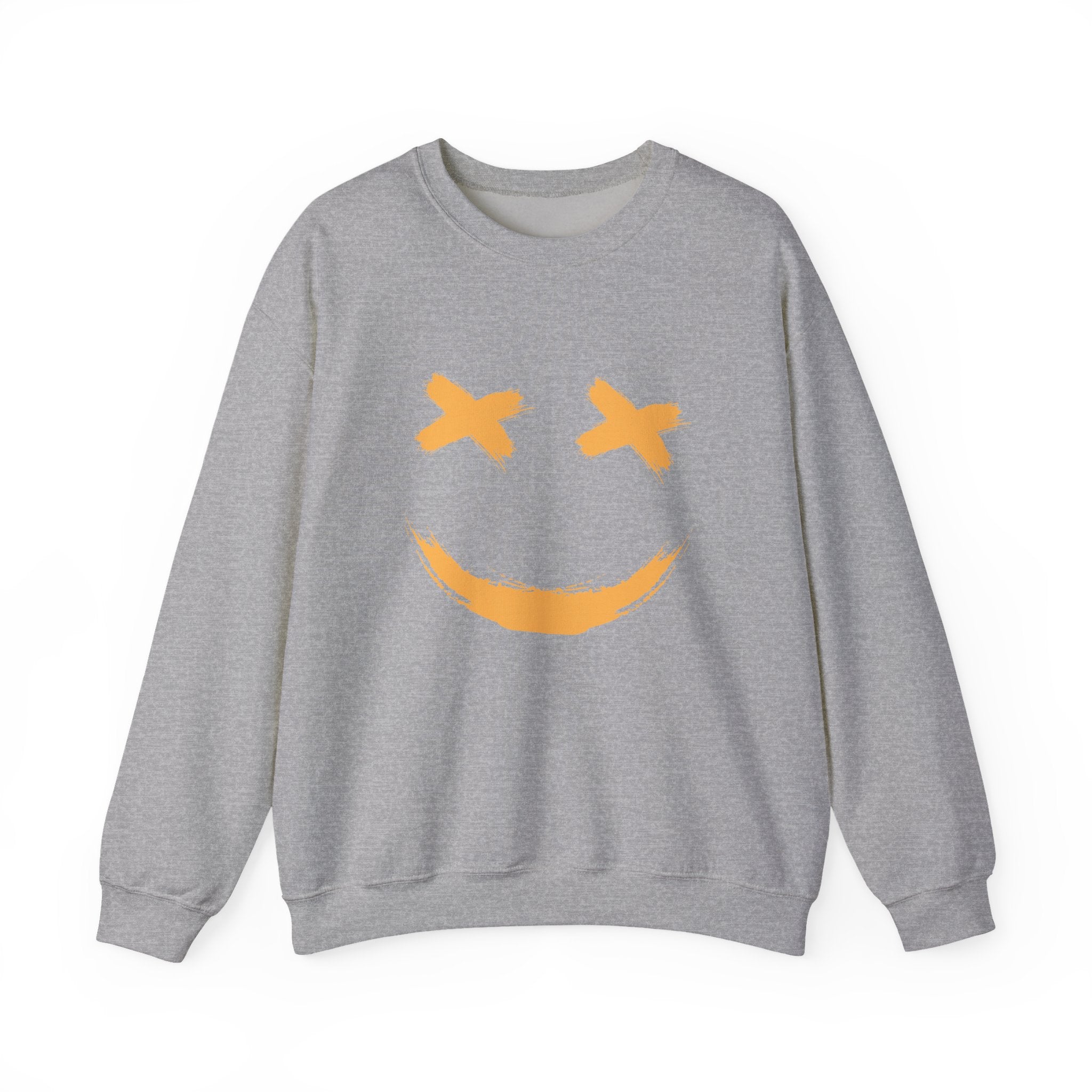 Gray sweatshirt with a yellow smiley face design on a white background