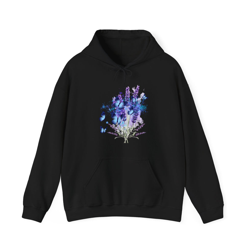 Black hoodie with a floral design on a white background