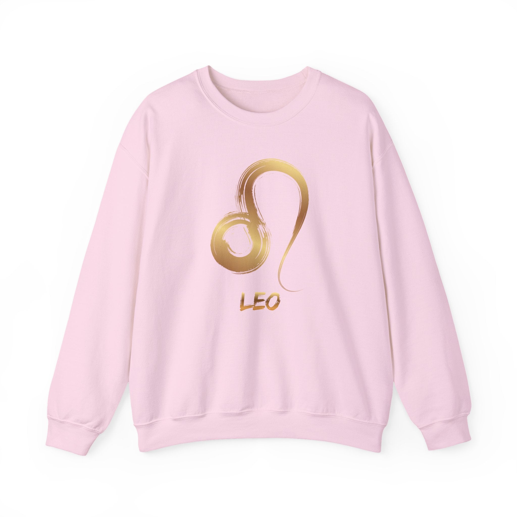 Pink sweatshirt with gold Leo symbol on a white background