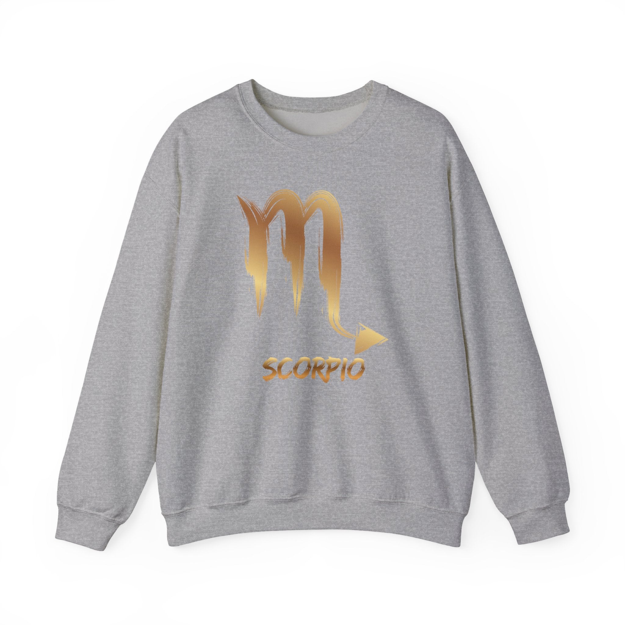 Gray sweatshirt with gold Scorpio symbol on a white background