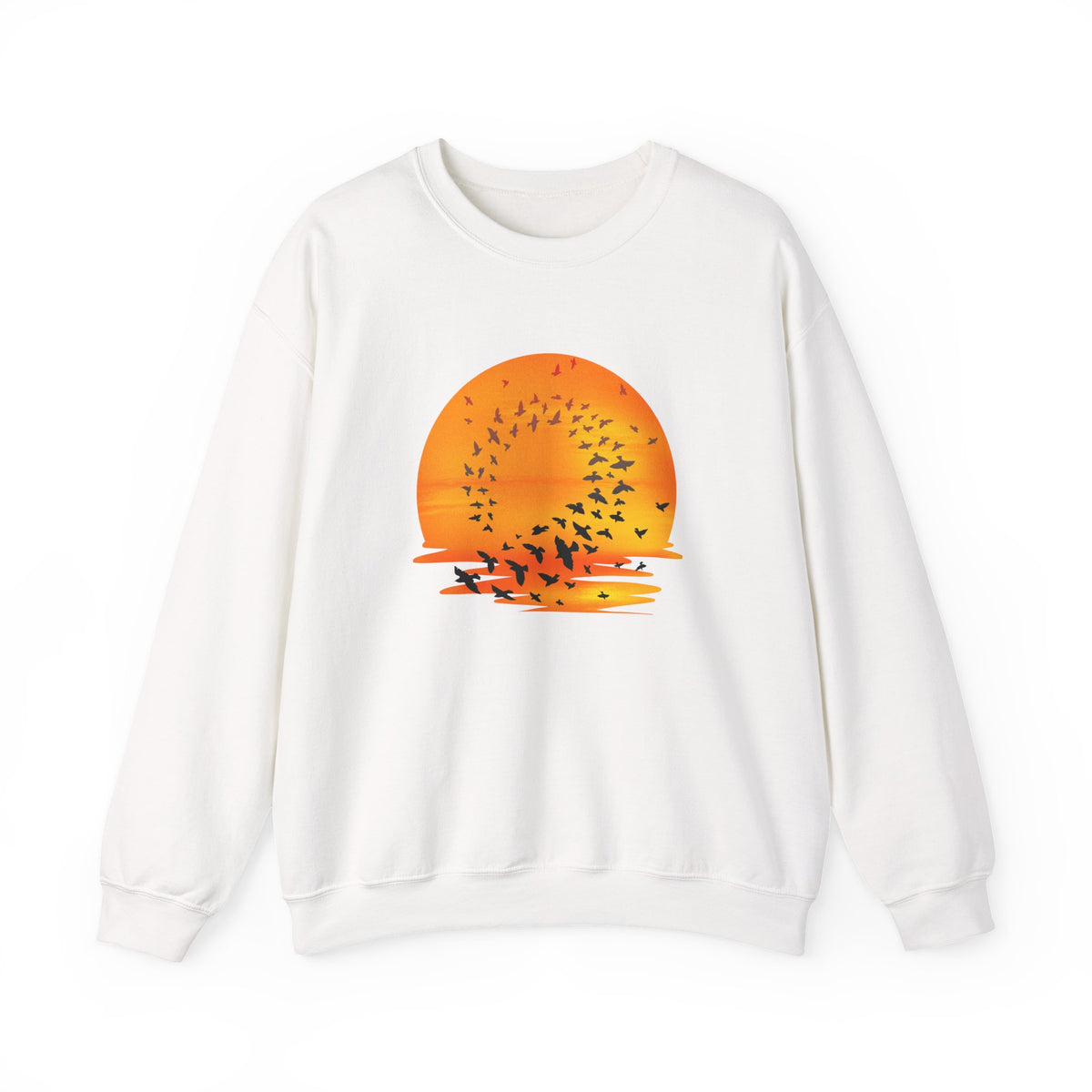 White sweatshirt with a sunset and bird design on a white background