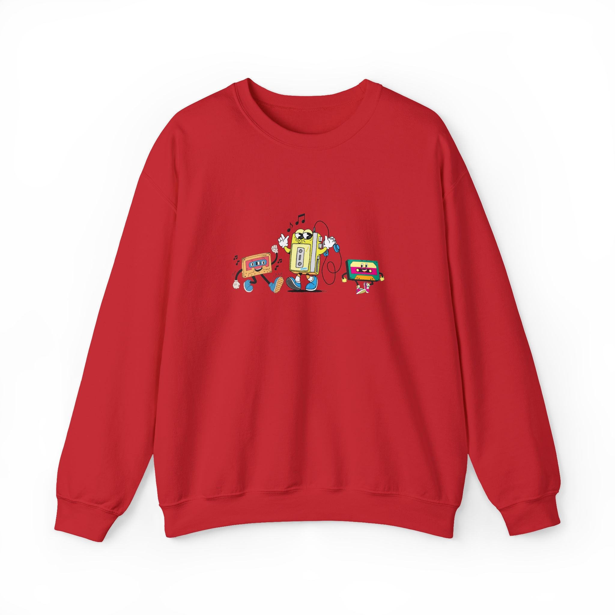 Red sweatshirt with a colorful graphic on a white background