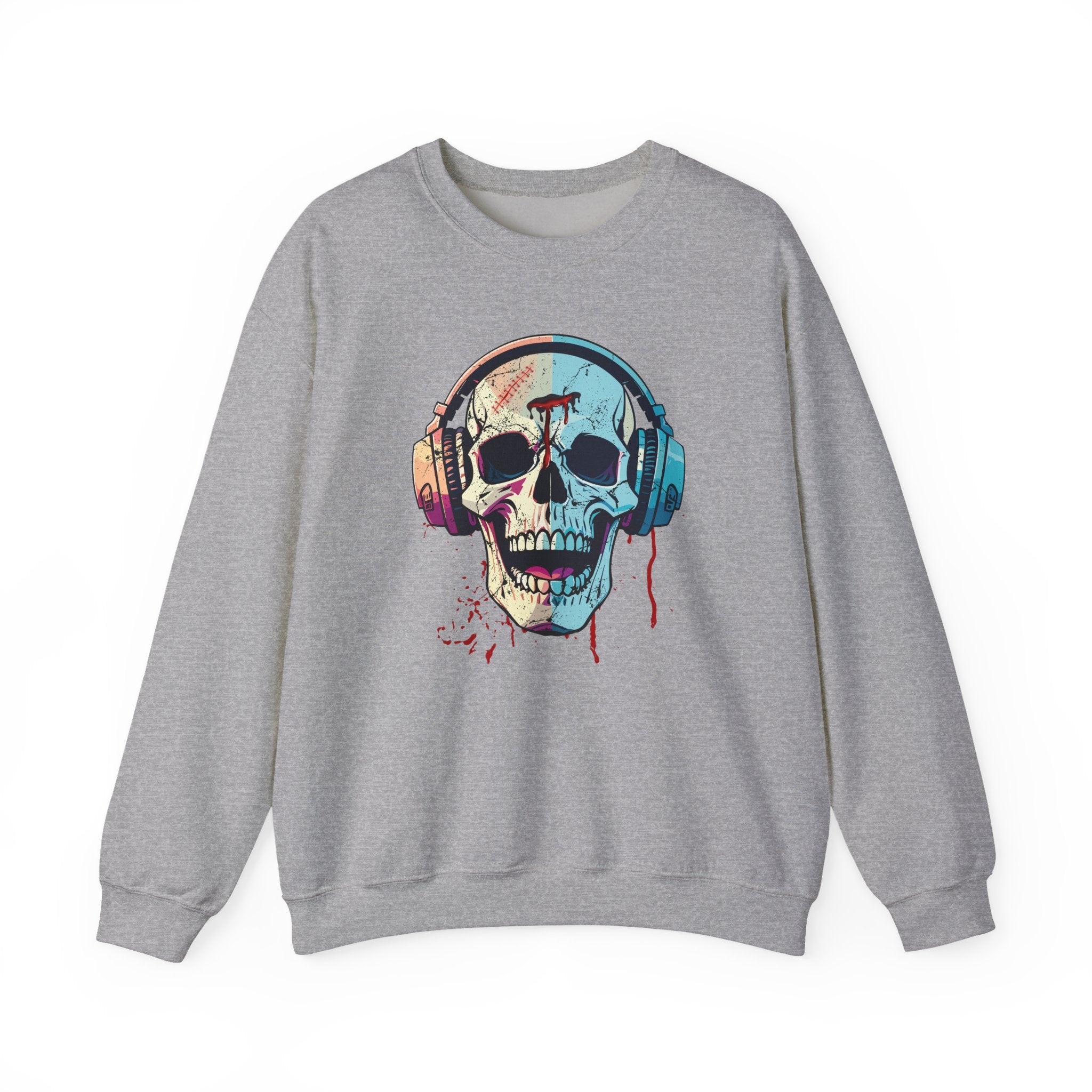 Gray sweatshirt with a colorful skull design wearing headphones on a white background